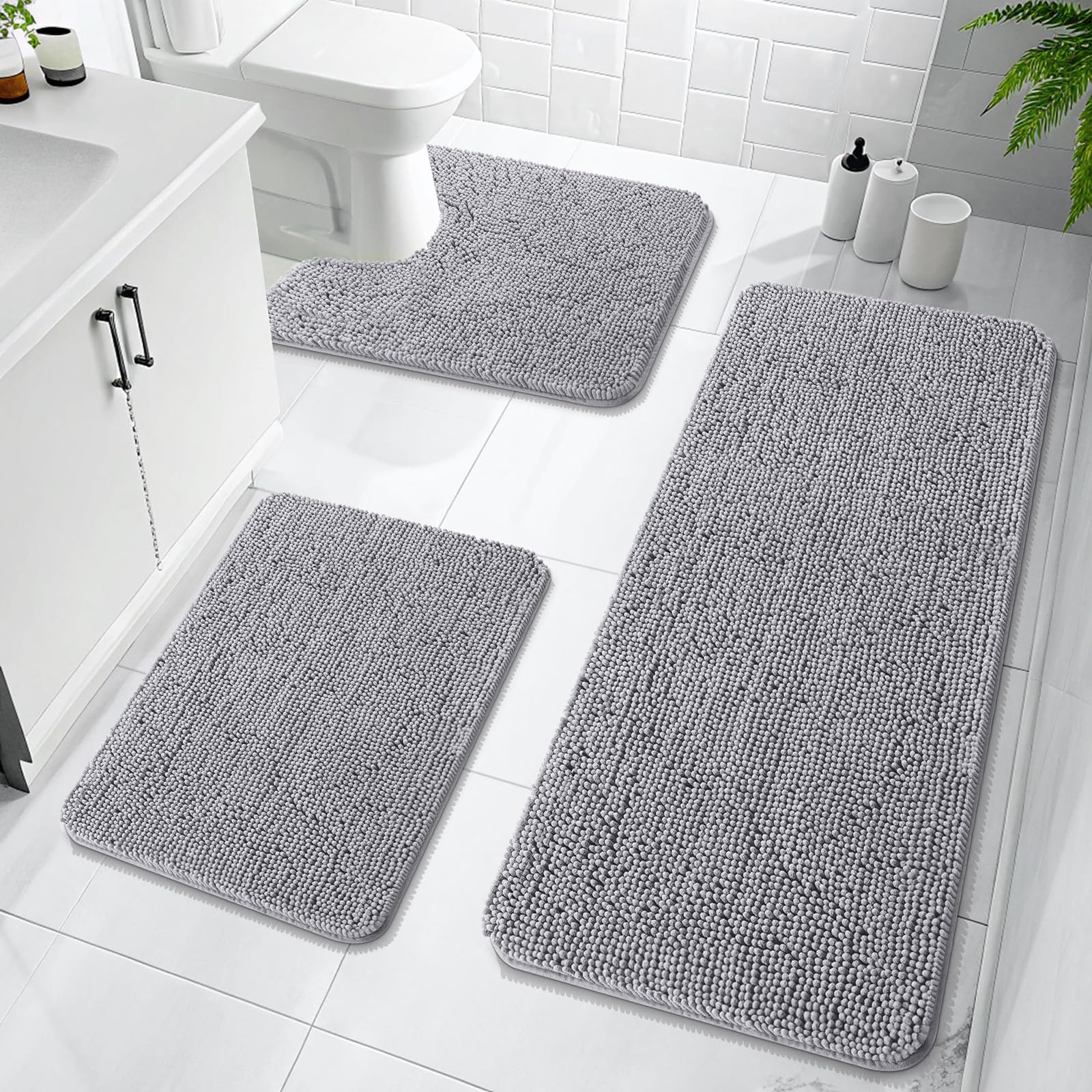 OLANLY Bathroom Rugs Sets 3 Piece, Soft Absorbent Chenille Bath Mats and U-Shaped Contour Toilet Rug, Quick Dry, Home Decor Accessories, Bath Mat Set for Bathroom (30"x20"+24"x16"+24"x20", Grey)