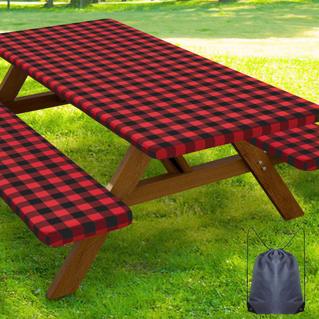 Smiry Picnic Table Cover with Bench Covers, Waterproof Elastic Fitted Tablecloths for 6 Foot Rectangle Tables, Washable Buffalo Plaid Tablecloth for Camping, Outdoor (Black & White, 30"x72")