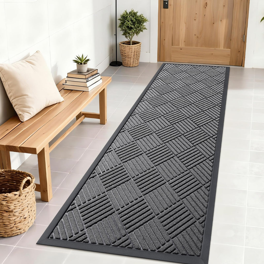 OLANLY Front Door Mat Outside Entrance 29.5x17, Absorbent, Heavy Duty Sturdy Natural Rubber Doormat Indoor Outdoor, Stain and Fade Resistant, Non-Slip Low Profile Floor Mat for Entryway, Grey Diamond