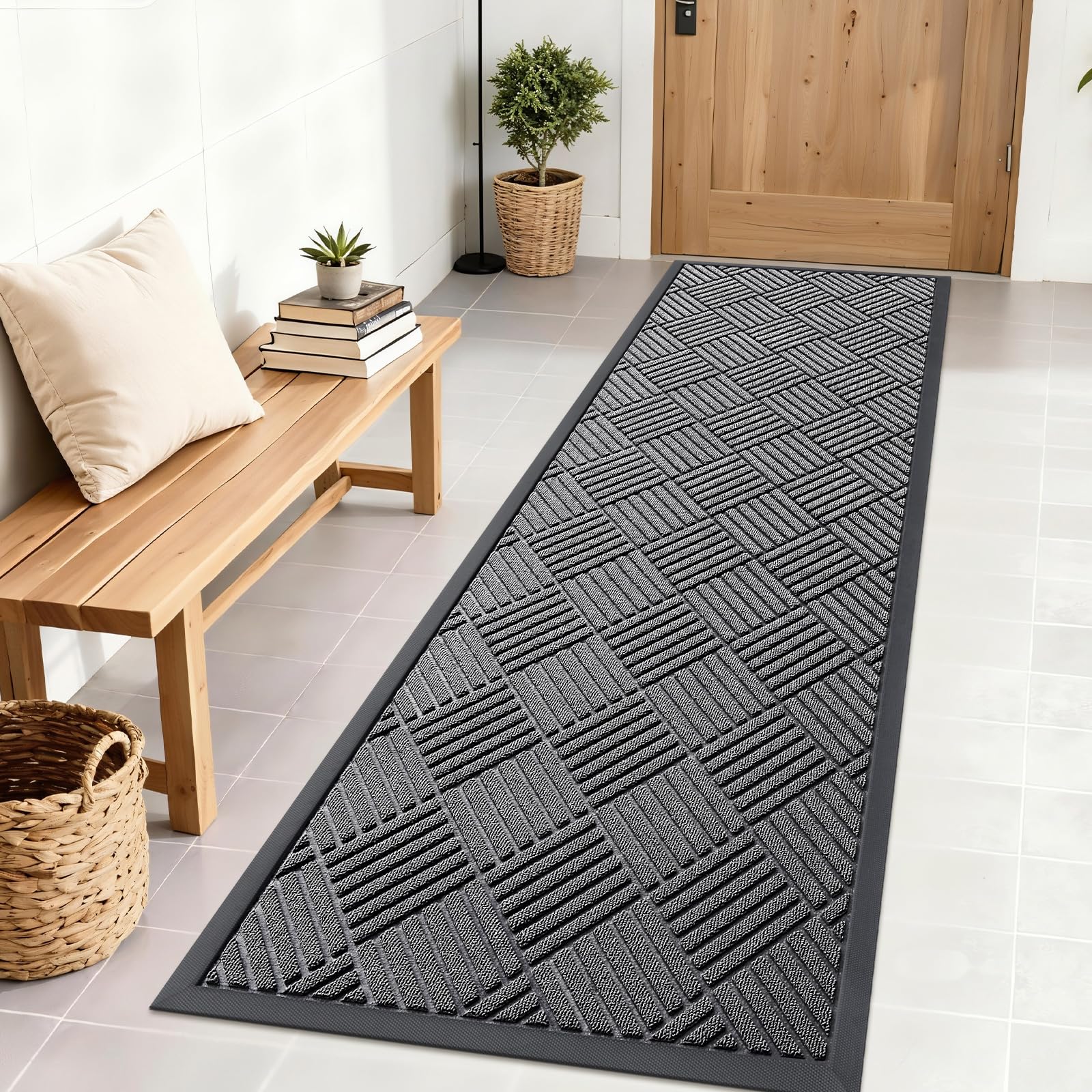 OLANLY Front Door Mat Outside Entrance 29.5x17, Absorbent, Heavy Duty Sturdy Natural Rubber Doormat Indoor Outdoor, Stain and Fade Resistant, Non-Slip Low Profile Floor Mat for Entryway, Grey Diamond