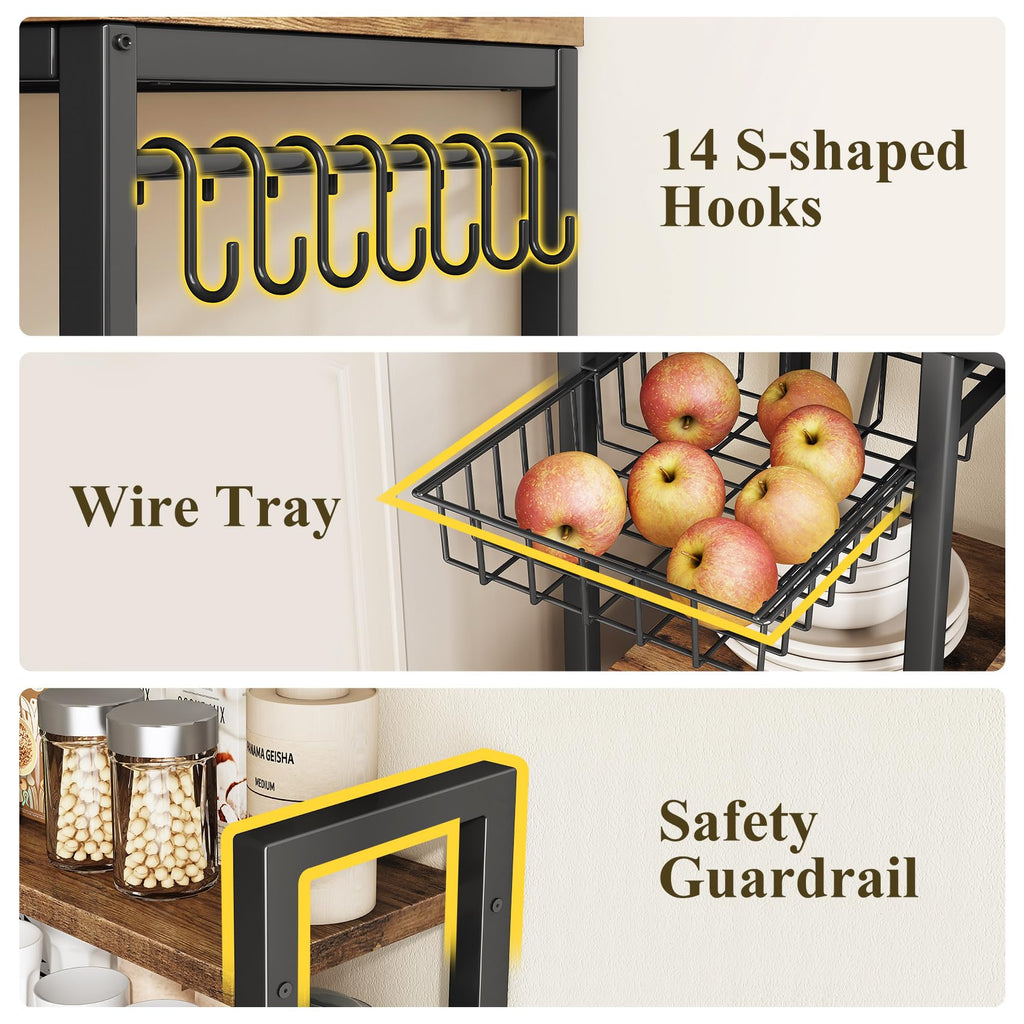 Baker Rack with Power Outlet - Microwave Stand with Storage, Large Coffee Bar Station with 14 Hooks, Metal Kitchen Shelf Rack for Spices, Pots (Rustic Brown) | with Power Outlet, with Storage, with 14 Hooks, for Spices, for Pots