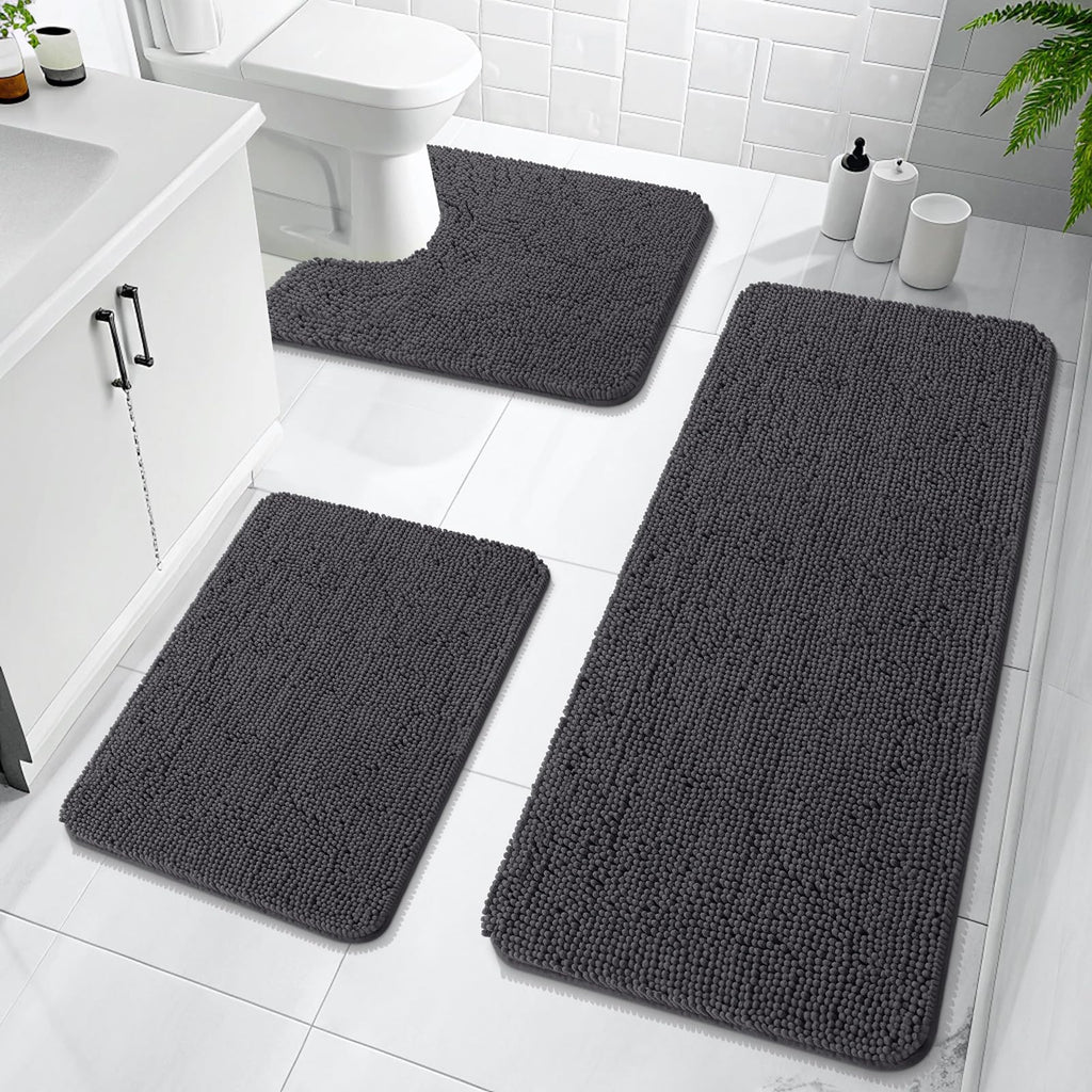 OLANLY Bathroom Rugs Sets 3 Piece, Soft Absorbent Chenille Bath Mats and U-Shaped Contour Toilet Rug, Quick Dry, Home Decor Accessories, Bath Mat Set for Bathroom (30"x20"+24"x16"+24"x20", Grey)
