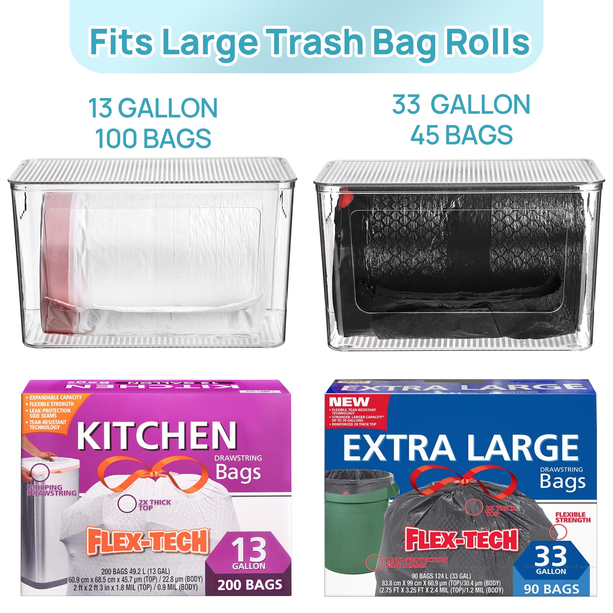 Vtopmart 2 Pack Trash Bag Holder, Stackable Garbage Bag Dispenser for 13/30/33 Gallon Bags, Clear Organizer Bins for Under Kitchen Sink, Laundry Room Organization and Storage