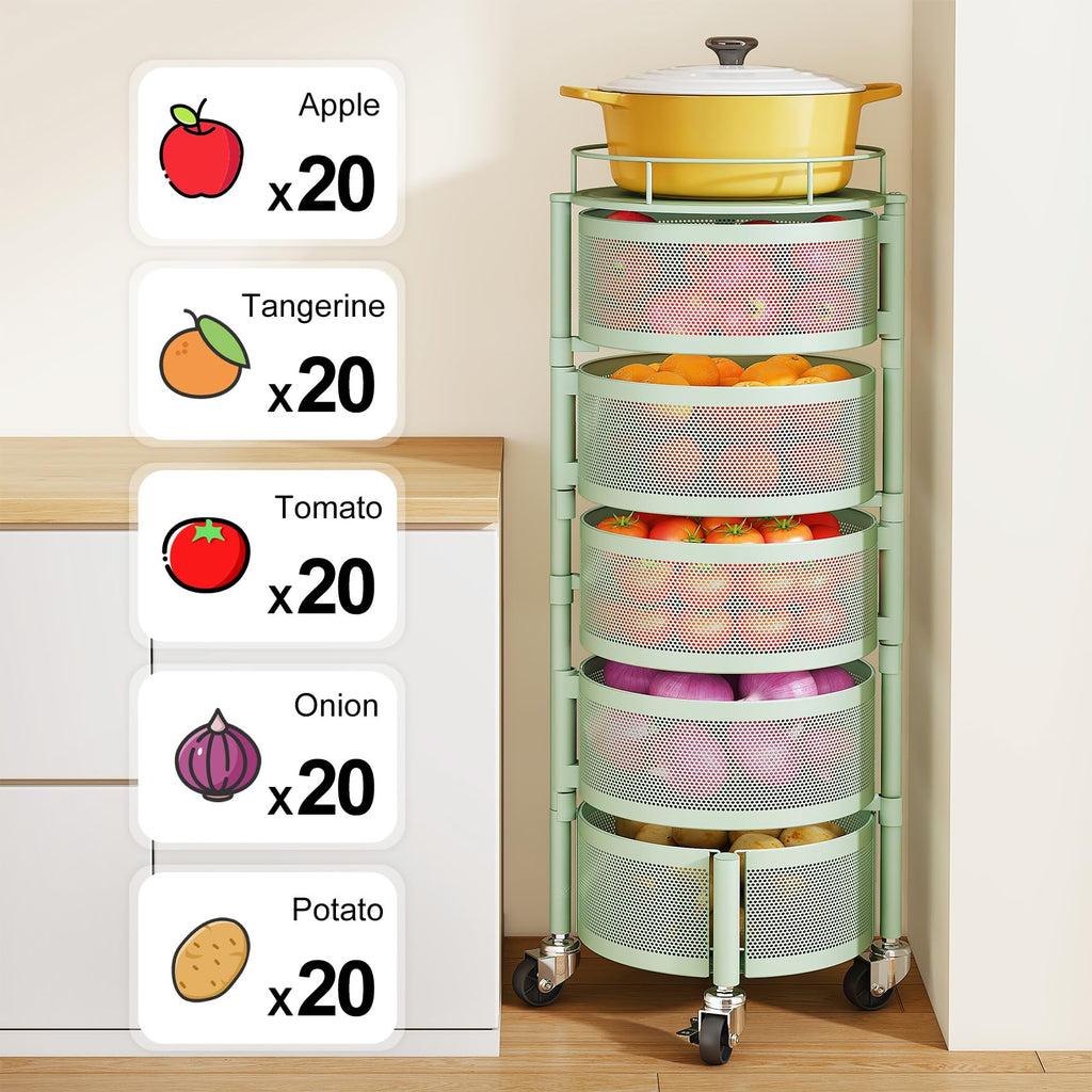 SNTD Fruit and Vegetable Basket Bowls for Kitchen with Metal Top Lid, 5 Tier Rotating Storage Rack Cart for Potato Onion Bread Banana, Wire Basket Organizer on Wheels, Large, Black