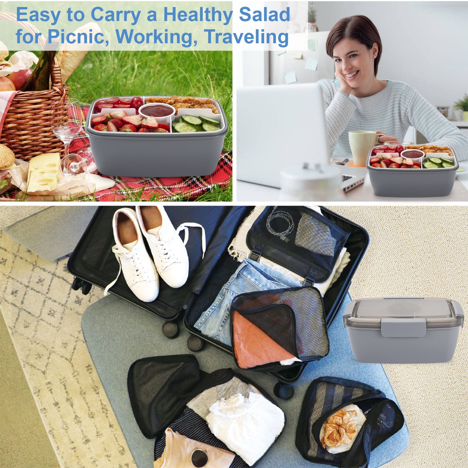 Freshmage Salad Lunch Container To Go, 52-oz Salad Bowls with 3 Compartments, Salad Dressings Container for Salad Toppings, Snacks, Men, Women (Blue)