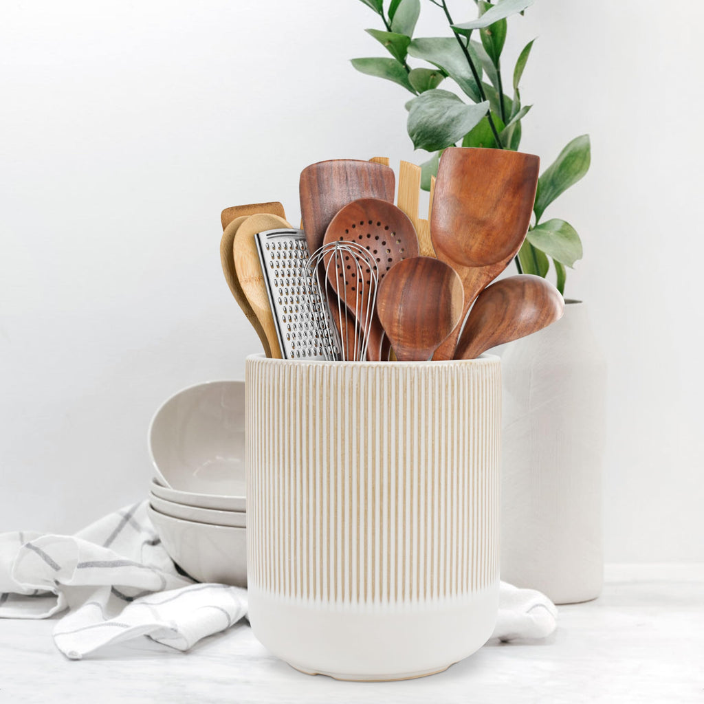 RedCall Kitchen Utensils Holder Large,Ceramic Utensil Organizer for Countertop,Morden Utensil Crock for Spoon Spatula,Home Kitchen Decor (Light Coffee)