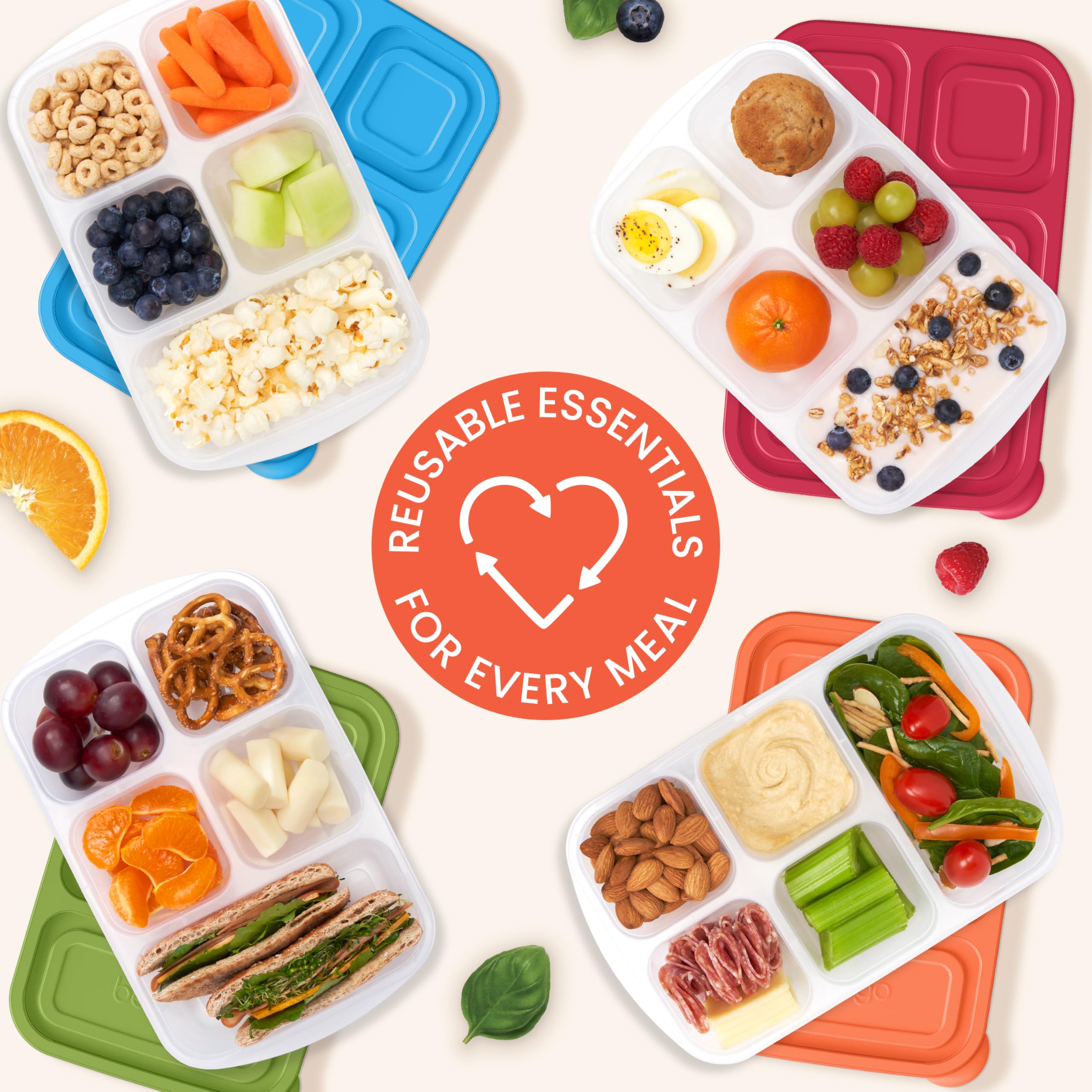 Bentgo Easyboxes - Reusable 5-Compartment Food Containers, Stackable 8-Piece Set, 4 Trays & 4 Lids, BPA-Free Food Storage for Meal Prep, School, & Work; Lunch Boxes w/Patented Design (Jewel Brights)