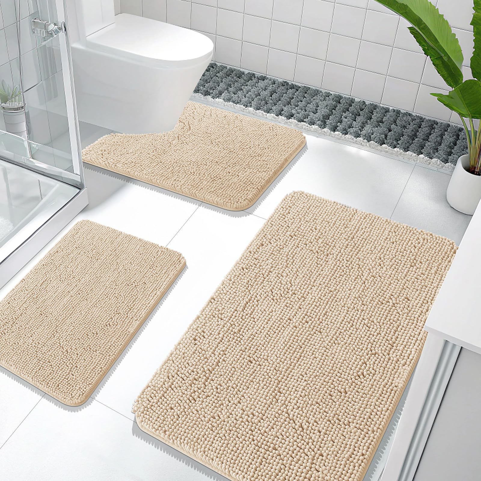 OLANLY Bathroom Rugs Sets 3 Piece, Soft Absorbent Chenille Bath Mats and U-Shaped Contour Toilet Rug, Quick Dry, Home Decor Accessories, Bath Mat Set for Bathroom (30"x20"+24"x16"+24"x20", Grey)