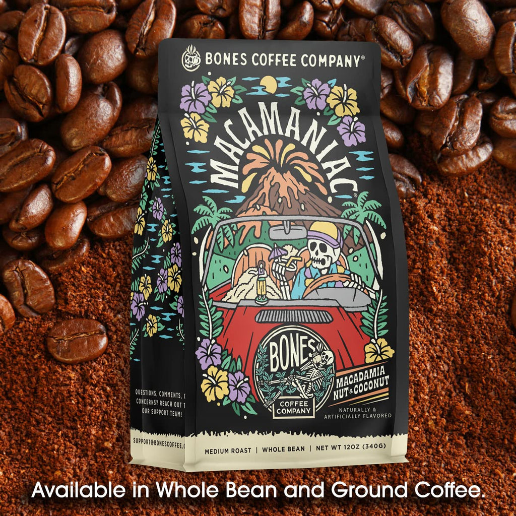 Bones Coffee Company Highland Grog, Butterscotch Caramel Flavored Coffee, Medium Roast Low Acid Arabica Beans Compatible with Auto drip and French Press Coffee Maker, 12 Oz Ground