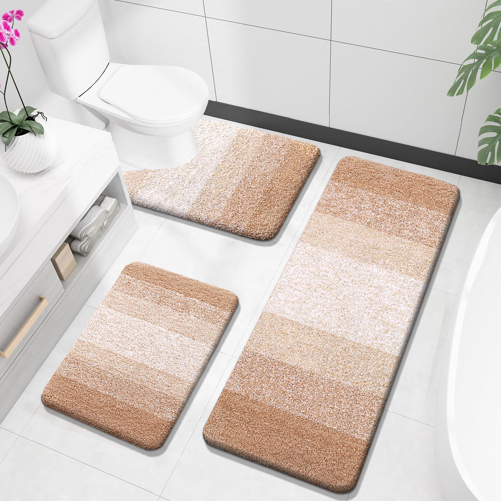 OLANLY Bathroom Rugs Sets 3 Piece, Soft Absorbent Microfiber Bath Mats and U-Shaped Contour Toilet Rug, Machine Wash Dry, Plush Shaggy Bath Mat Set for Bathroom (30"x20"+24"x16"+24"x20", Grey)