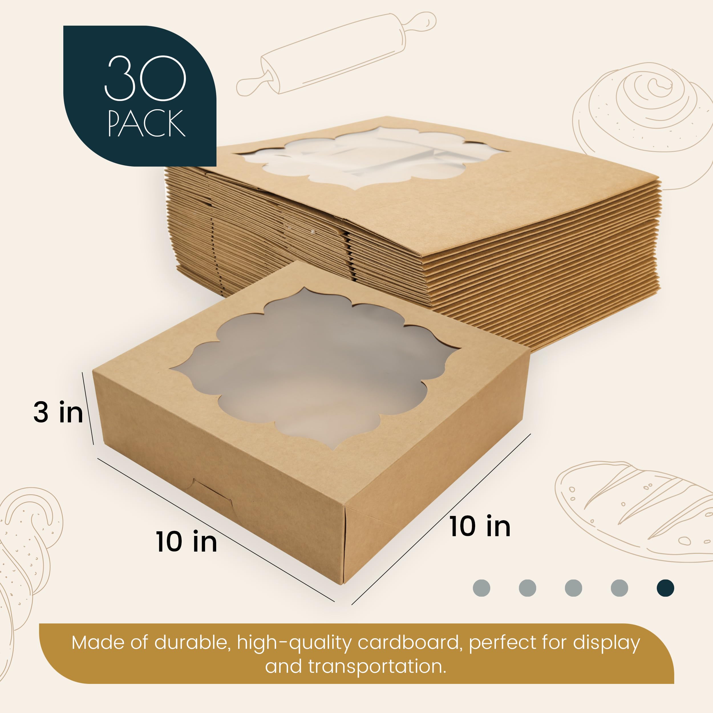 30 Pack Pie Boxes with Window 10x10x3 in Bakery Boxes Perfect for Pies, Cheesecake, Cookies, Muffins and Chocolate Covered Strawberries (Brown)