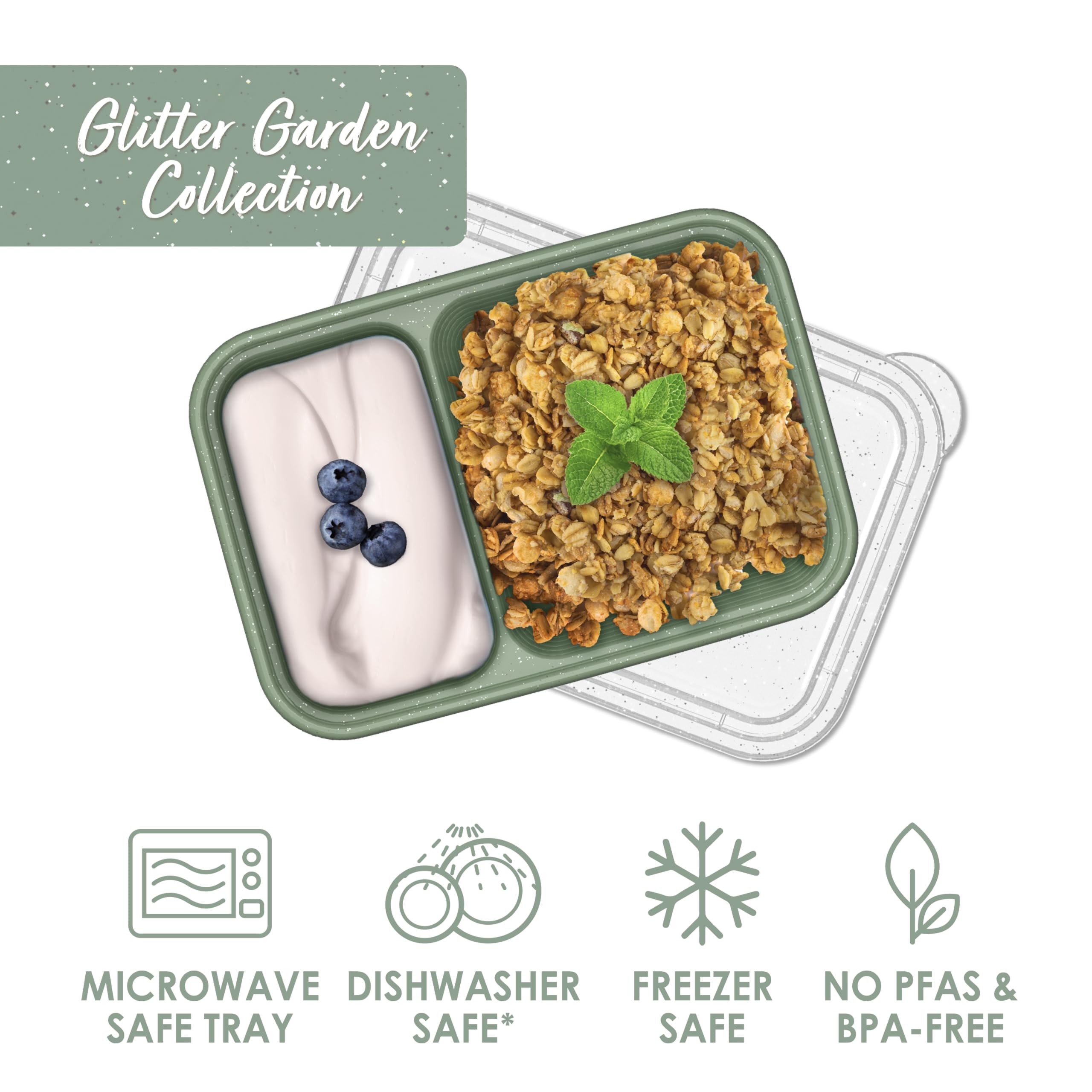 Bentgo Prep - 2-Compartment Snack Containers with Lids - Reusable, Microwaveable, Durable, PFAS & BPA-Free, Freezer, & Dishwasher-Safe Meal Prep Food Storage - 10 Trays & 10 Lids (Basil Glitter)