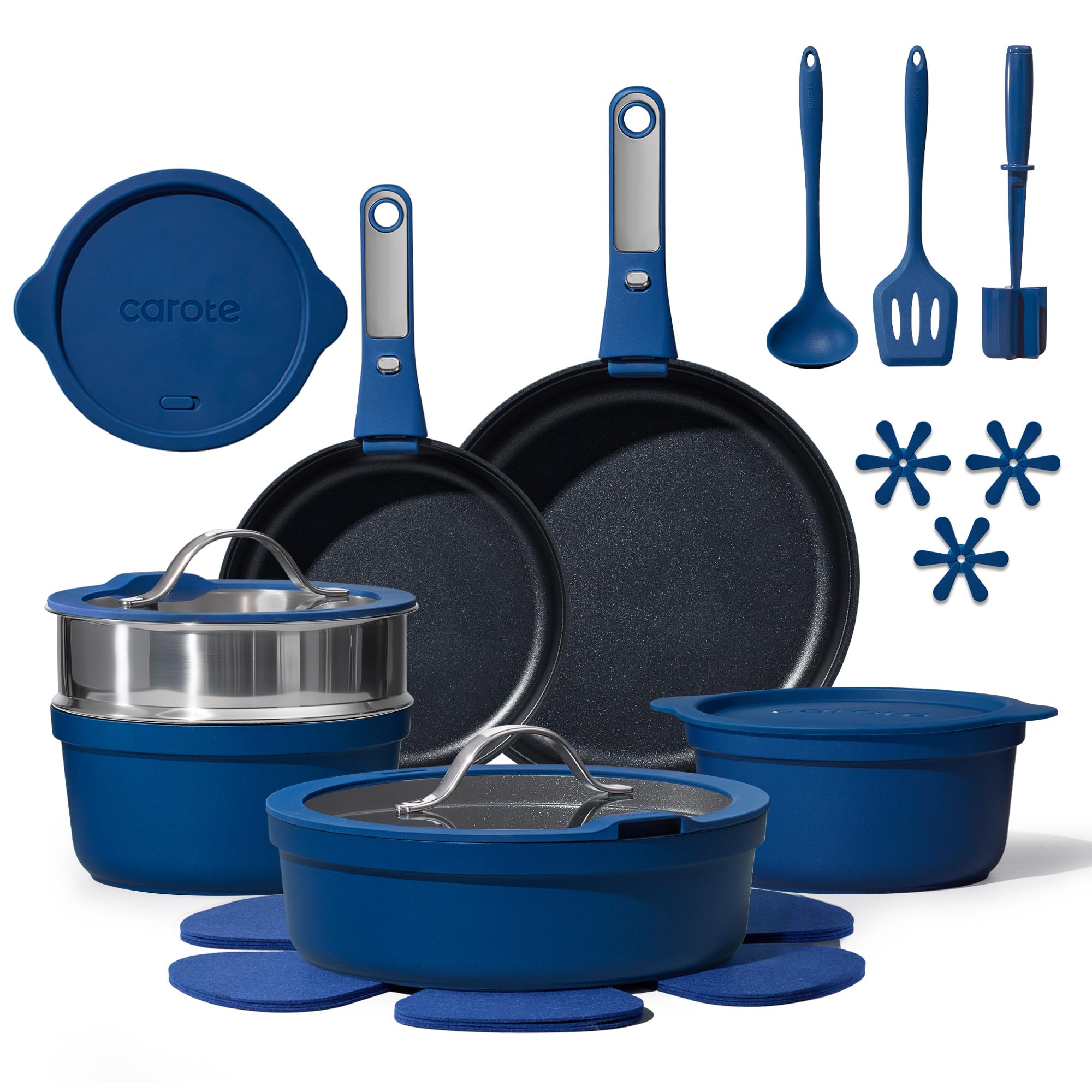CAROTE 22pcs Pots and Pans Set Non Stick, Nonstick Cookware Set, Dishwasher/Oven/Fridge Safe Pots and Pans, Removable Handle RV Oven Safe Cookware, Induction Kitchen Set, Blue