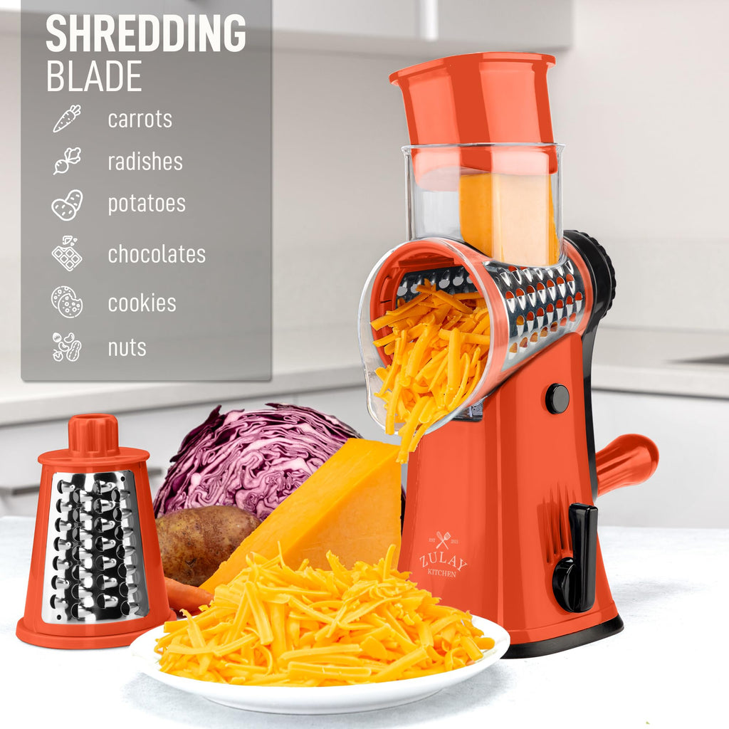 Zulay Kitchen Rotary Cheese Grater 5 Blade Cheese Shredder - Manual Hand Crank Cheese Grater With Reinforced Suction & 5 Interchangeable Drums - Easy to Use, Vegetable Chopper Round Mandoline Slicer