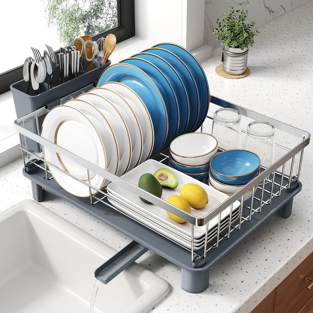 SNTD Dish Drying Rack - Small Dish Rack for Kitchen Counter, Stainless Steel Dish Drainer with Utensil Holder and Drainboard, 11" W x 15" L (Black)