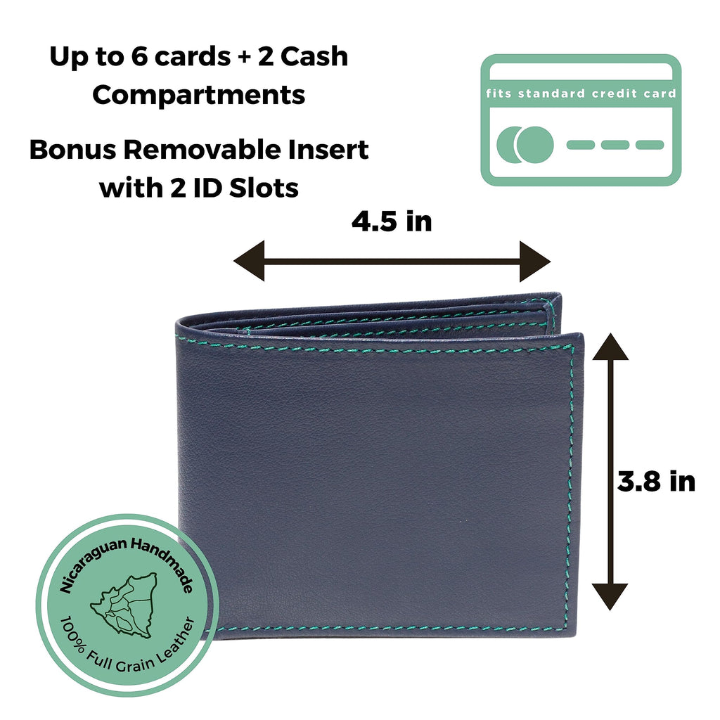 TWIN ENGINE COFFEE Handcrafted Leather Wallet, Extra Capacity Bifold Wallet with Bonus Insert + 2 ID Windows, Hand Stitched Top Grain, Slim Billfold with 8 Card Slots, Origin Creations (Deep Ocean)