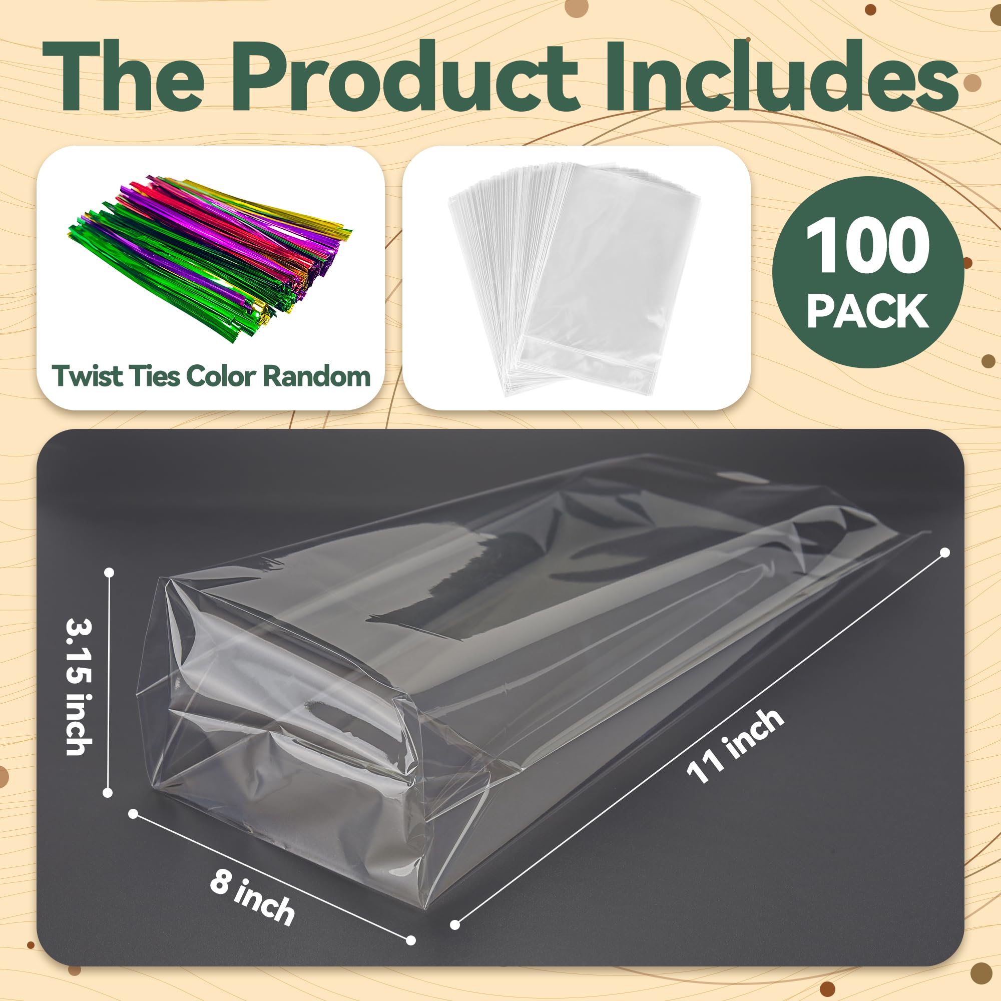 NPLUX 100 Pack Cellophane Bags Clear Flat Bottom Cellophane Treat Bags Gusseted with 100 Pack Twist Ties for Candy Popcorn Cookie Small Gift Wrapping(6×9×2.4 Inches)