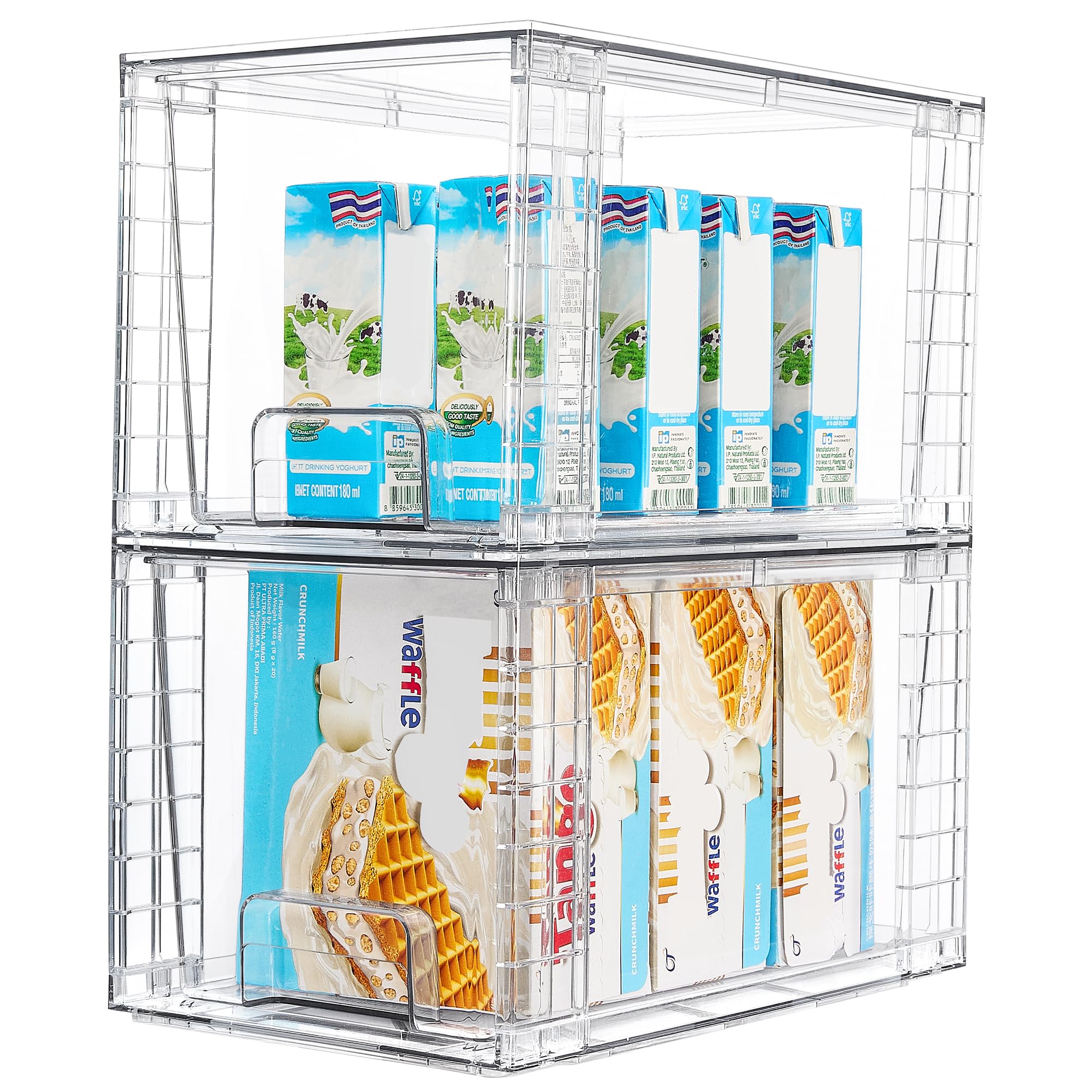 Vtopmart 4 Pack Stackable Storage Drawers,Clear Acrylic Drawer Organizers with Handles, Easily Assemble for Fridge, Bathroom,Kitchen Undersink,Cabinet,Pantry Organization and Storage