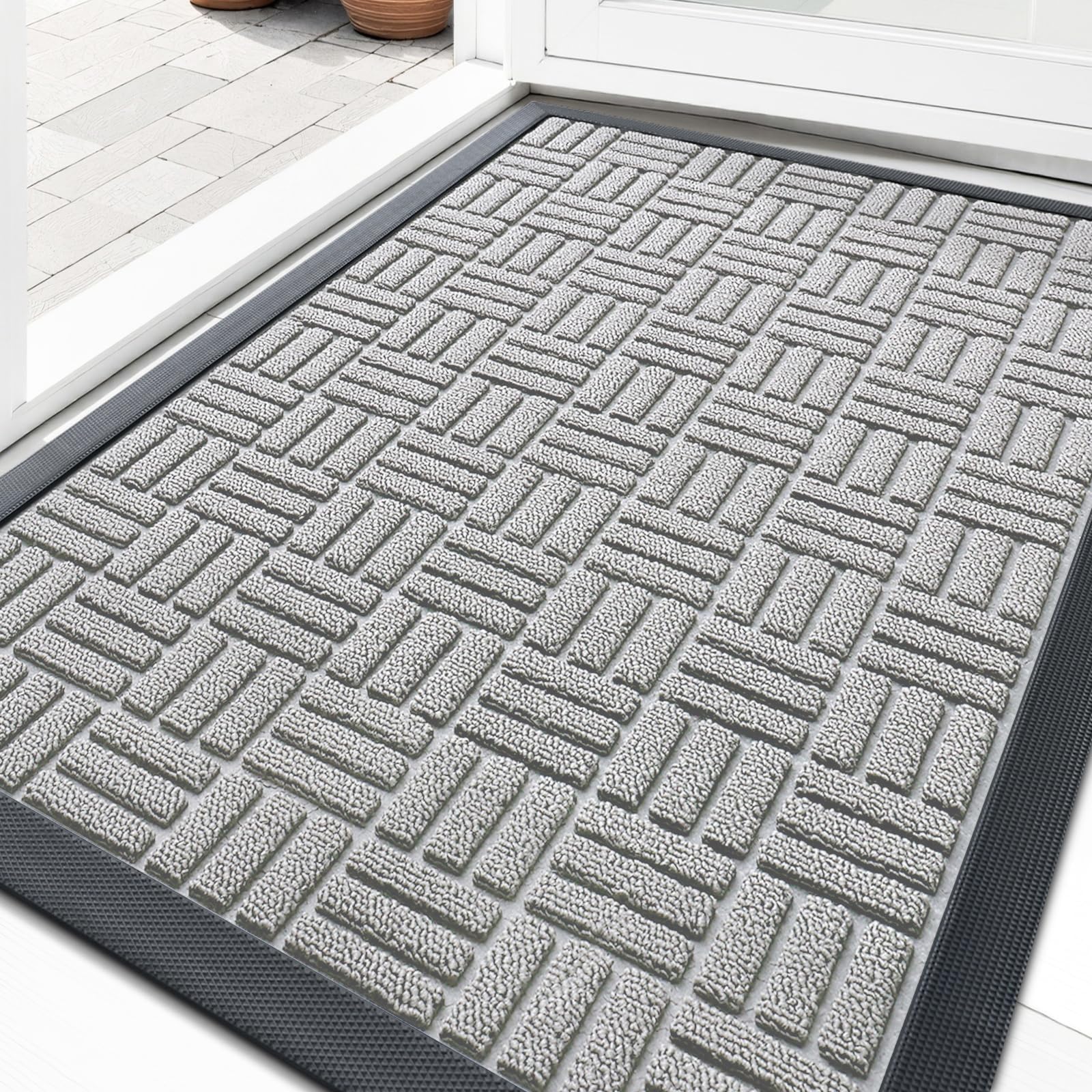 OLANLY Front Door Mat Outside Entrance 29.5x17, Absorbent, Heavy Duty Sturdy Natural Rubber Doormat Indoor Outdoor, Stain and Fade Resistant, Non-Slip Backing Low Profile Floor Mat for Entryway, Grey