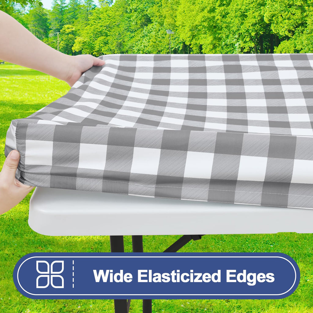 Smiry Picnic Table Cover with Bench Covers, Waterproof Elastic Fitted Tablecloths for 6 Foot Rectangle Tables, Washable Buffalo Plaid Tablecloth for Camping, Outdoor (Black & White, 30"x72")