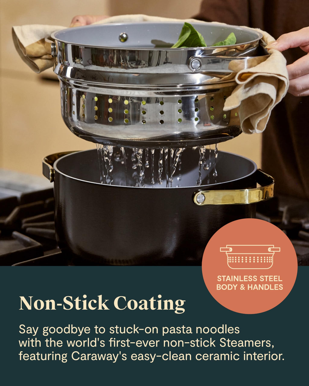 Caraway Steamer - Stainless Steel Steamer with Handles - Non Stick, Non Toxic Coating - Steam Veggies, Seafood, and More - Compatible With Our Dutch Oven or Sauce Pan - Small