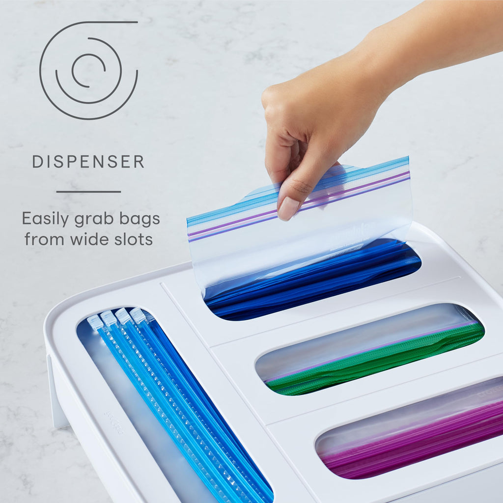 StoraBag Drawer Food Bags Dispenser, 4-Slot, Plastic Sandwich Bag Organizer for Kitchen Storage, White