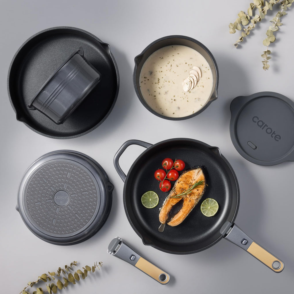 CAROTE 20Pcs Titanium Cookware Set, Pots and Pans Set Non Stick, Kitchen Cooking Set with Detachable Handle, Non Toxic Induction Cookware, Dishwasher/Oven Safe