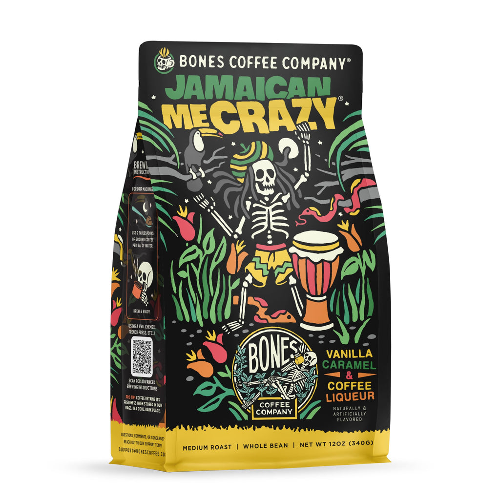 Bones Coffee Company Cinnamon Roll Flavored Coffee, Medium Roast Low Acid Arabica Beans Compatible with Auto drip and French Press Coffee Maker, 12 Oz Whole Bean