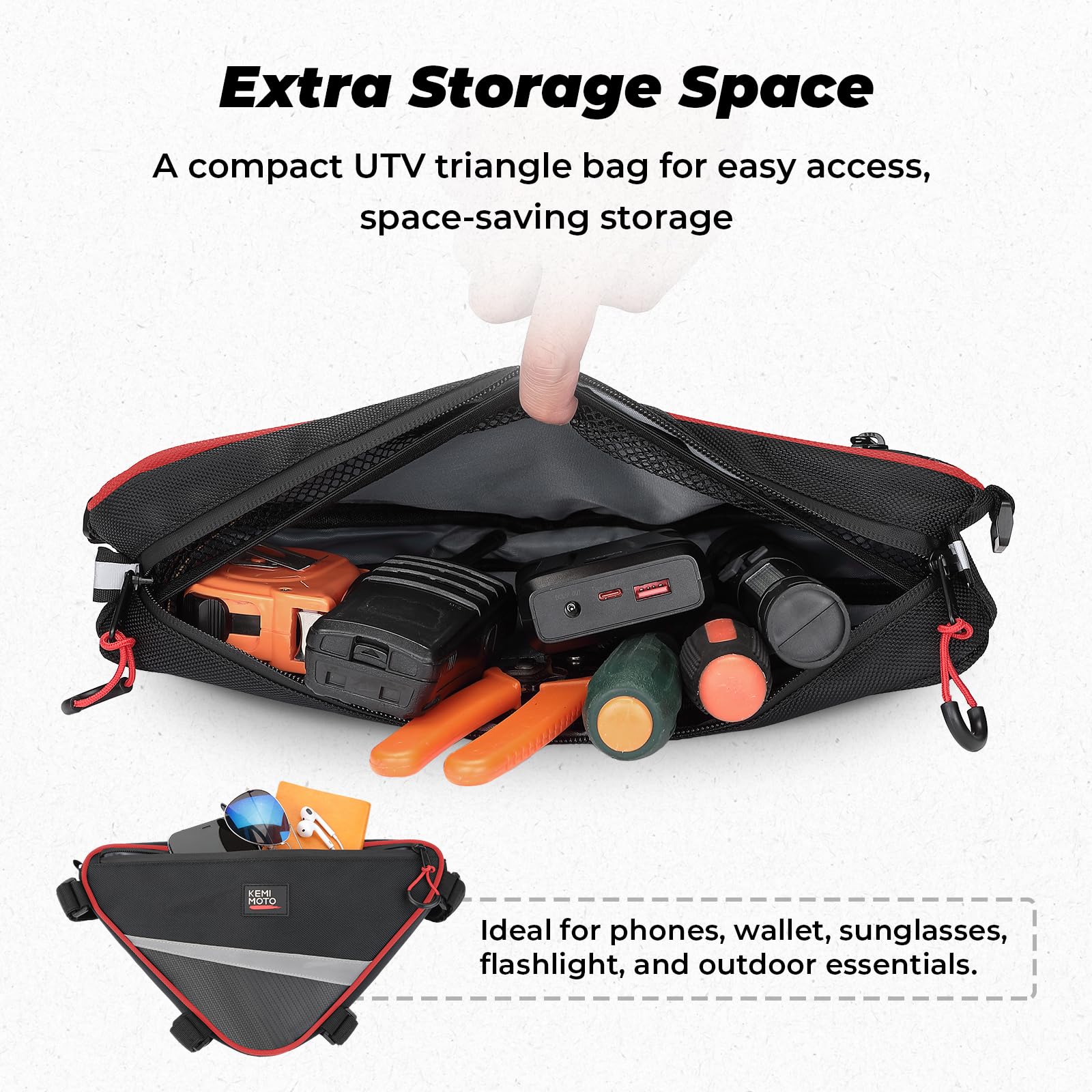 KEMIMOTO UTV Roll Bar Triangle Storage Bag, 2 Packs Water Resistant Universal Roof/Door/Side Armrest Bag Compatible with Most UTV, Road and Mountain Bikes