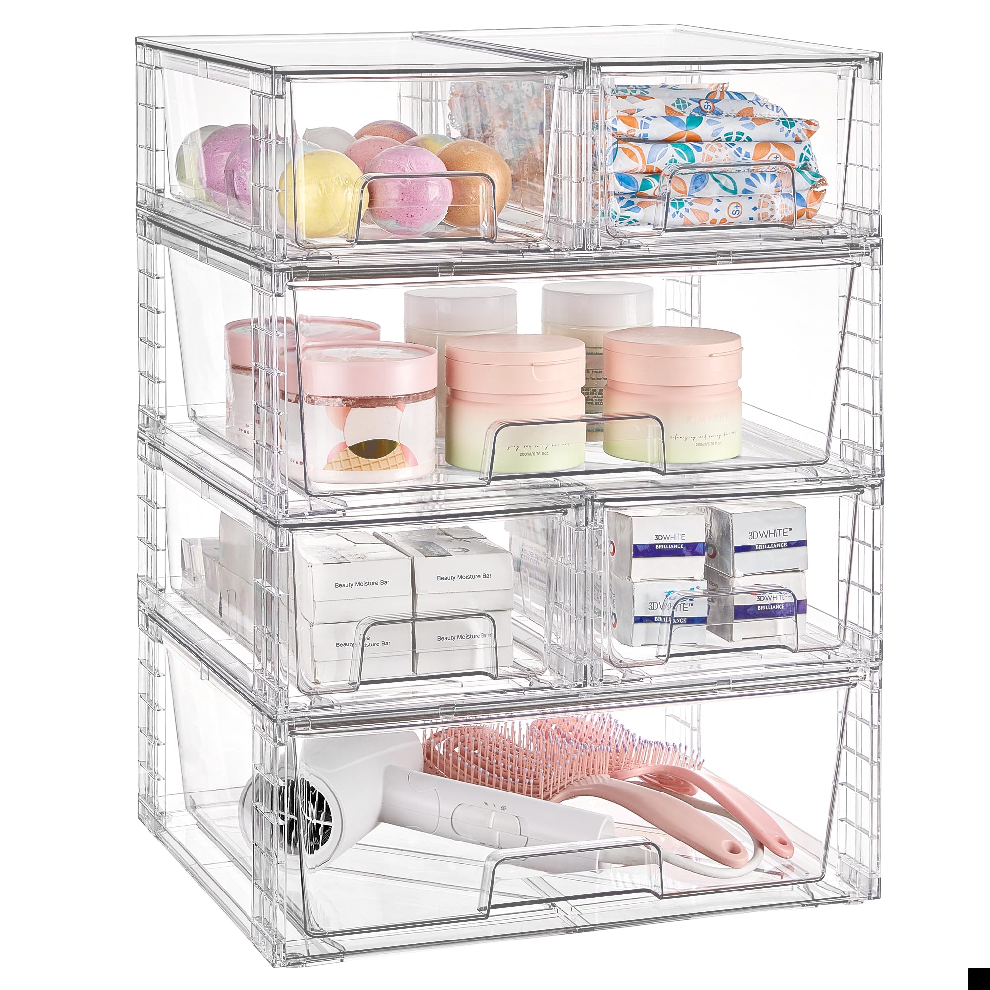 Vtopmart 3 Pack Stackable Storage Drawers, Easily Assemble Acrylic Bathroom Undersink Organizers,Clear Plastic Storage Bins for Closet,Cabinet,Pantry,Medicine Organization