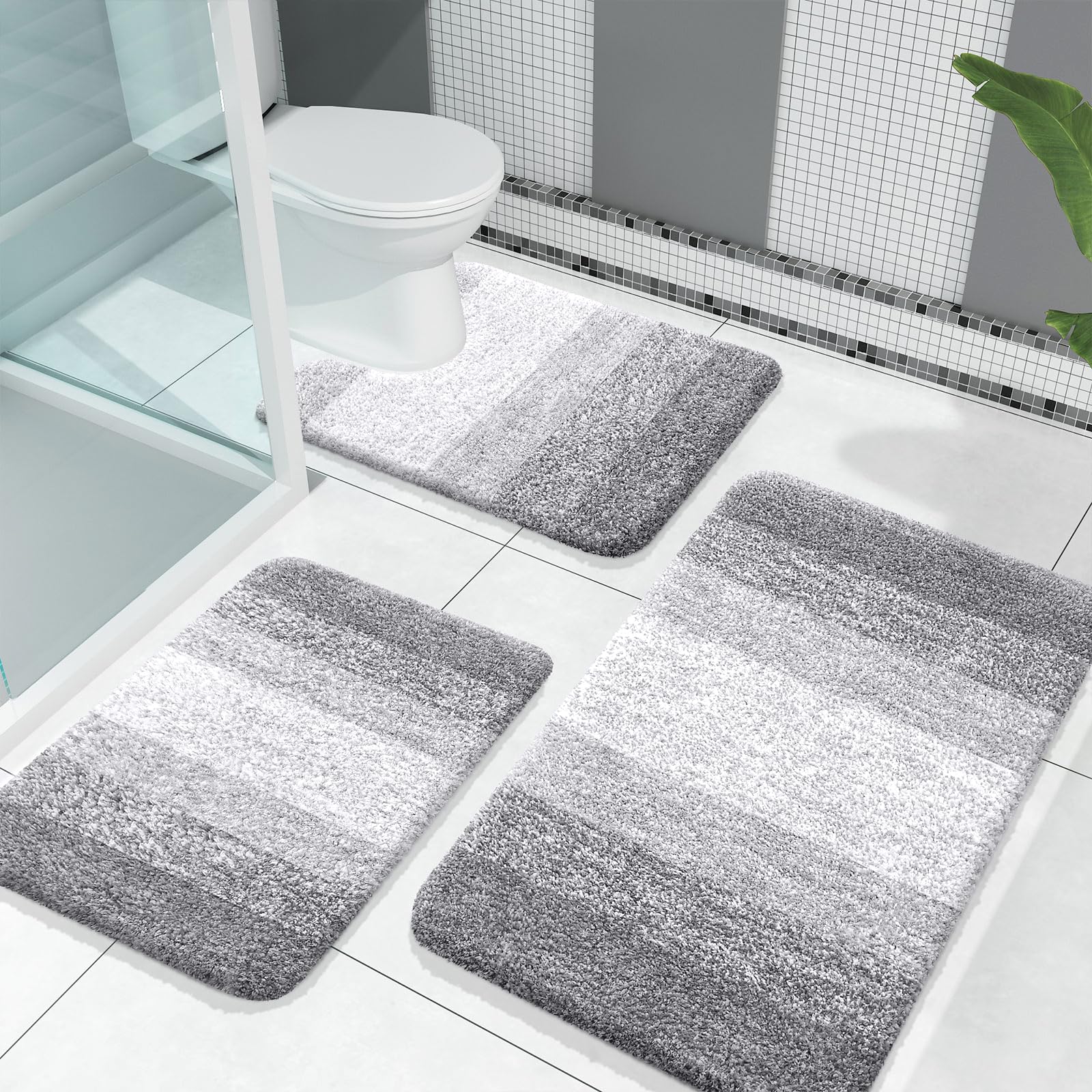 OLANLY Bathroom Rugs Sets 3 Piece, Soft Absorbent Microfiber Bath Mats and U-Shaped Contour Toilet Rug, Machine Wash Dry, Plush Shaggy Bath Mat Set for Bathroom (30"x20"+24"x16"+24"x20", Grey)