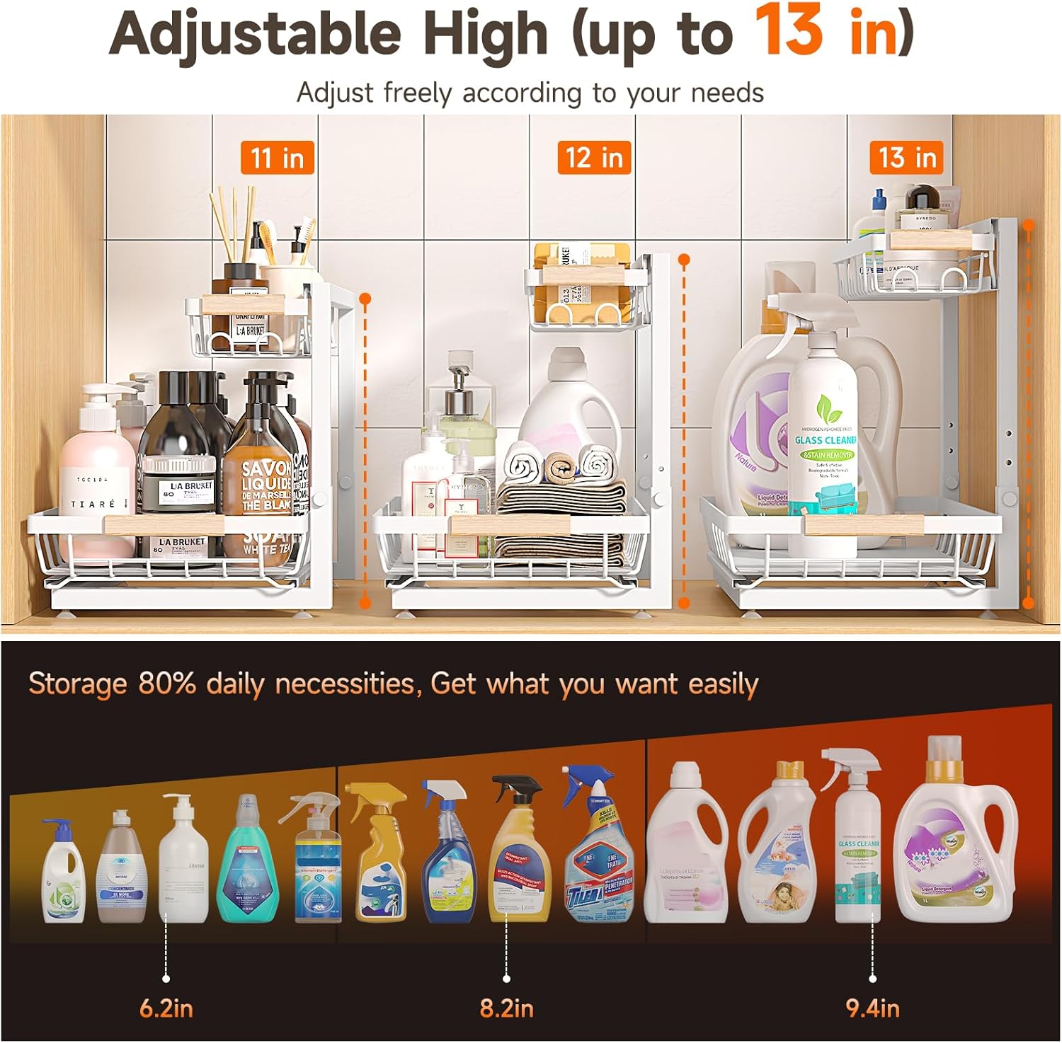 2 Packs Under Sink Organizer, Height Adjustable 2 Tier Under Kitchen sink organizer, Multi-Purpose Storage Shelf for Kitchen Bathroom Cabinet (White, Large)
