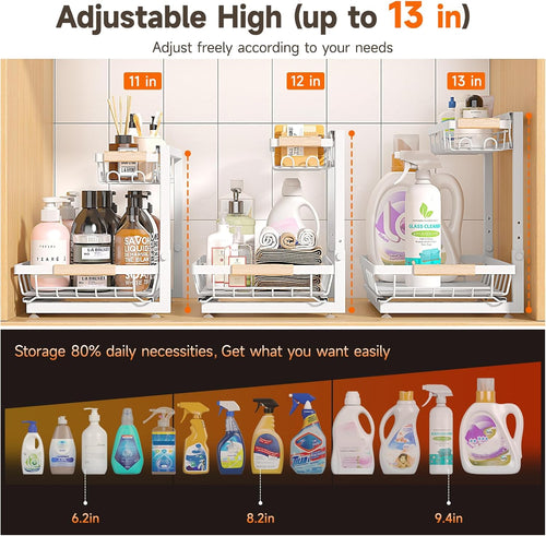 2 Packs Under Sink Organizer, Height Adjustable 2 Tier Under Kitchen sink organizer, Multi-Purpose Storage Shelf for Kitchen Bathroom Cabinet (White, Large)