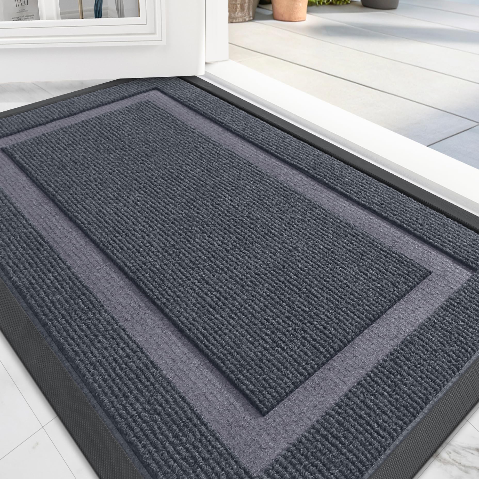 OLANLY Front Door Mat Indoor Outdoor Entrance, Waterproof All-Season, All-Weather Doormat, Sturdy Natural Rubber, Fade Resistant, Low Profile, Easy Clean Patio Porch Entryway Mat, 29.5x17, Black