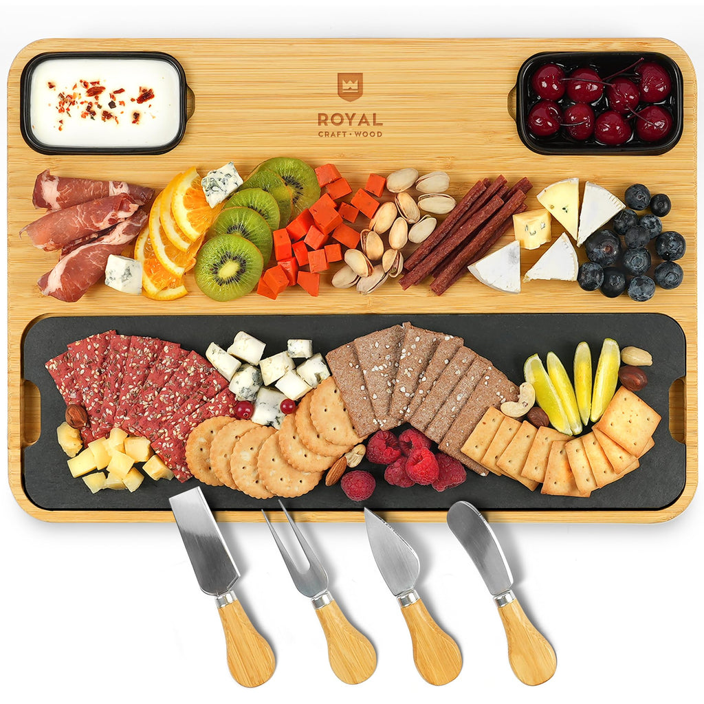 ROYAL CRAFT WOOD Premium Bamboo Charcuterie Board Set - Cheese Platter & Serving Tray & Serving Utensils - Perfect Housewarming Gift, Wedding, Bridal Shower Gift - Ideal for Entertaining and New Home