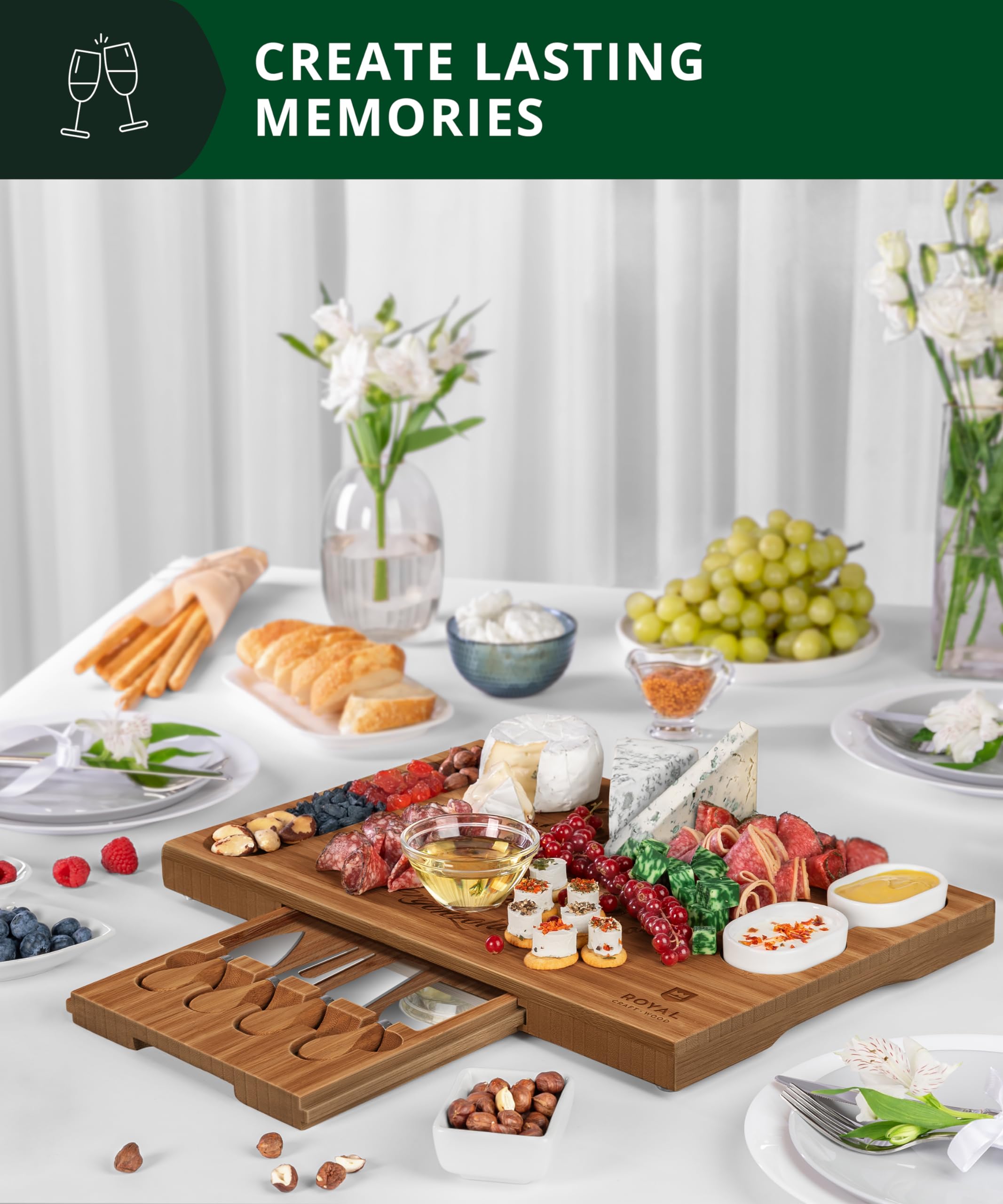 ROYAL CRAFT WOOD Premium Bamboo Charcuterie Board Set - Cheese Platter & Serving Tray & Serving Utensils - Perfect Housewarming Gift, Wedding, Bridal Shower Gift - Ideal for Entertaining and New Home
