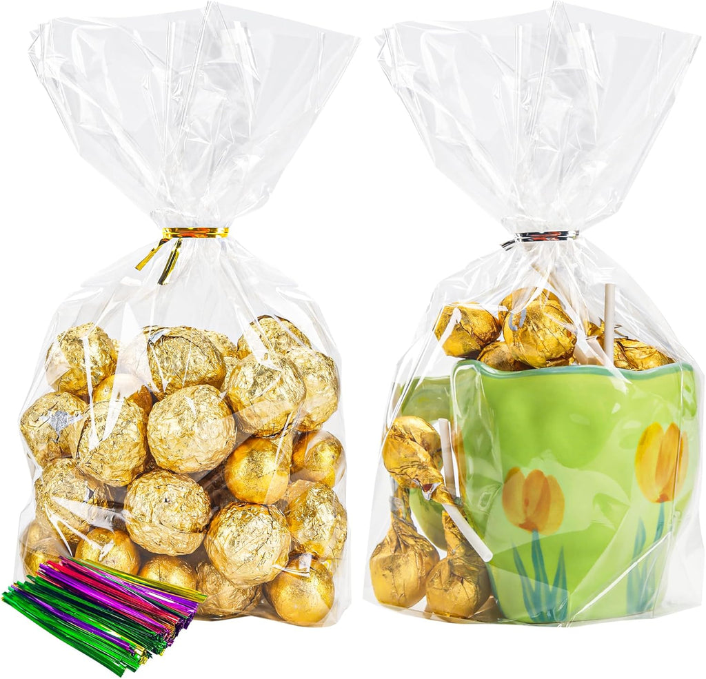 50 Pack Cellophane Bags, Clear Flat bottom Cellophane Treat Bags with 50 Pack Twist Ties for Candy Popcorn Cookie Small Gift Wrapping(6×9×2.4 Inches)