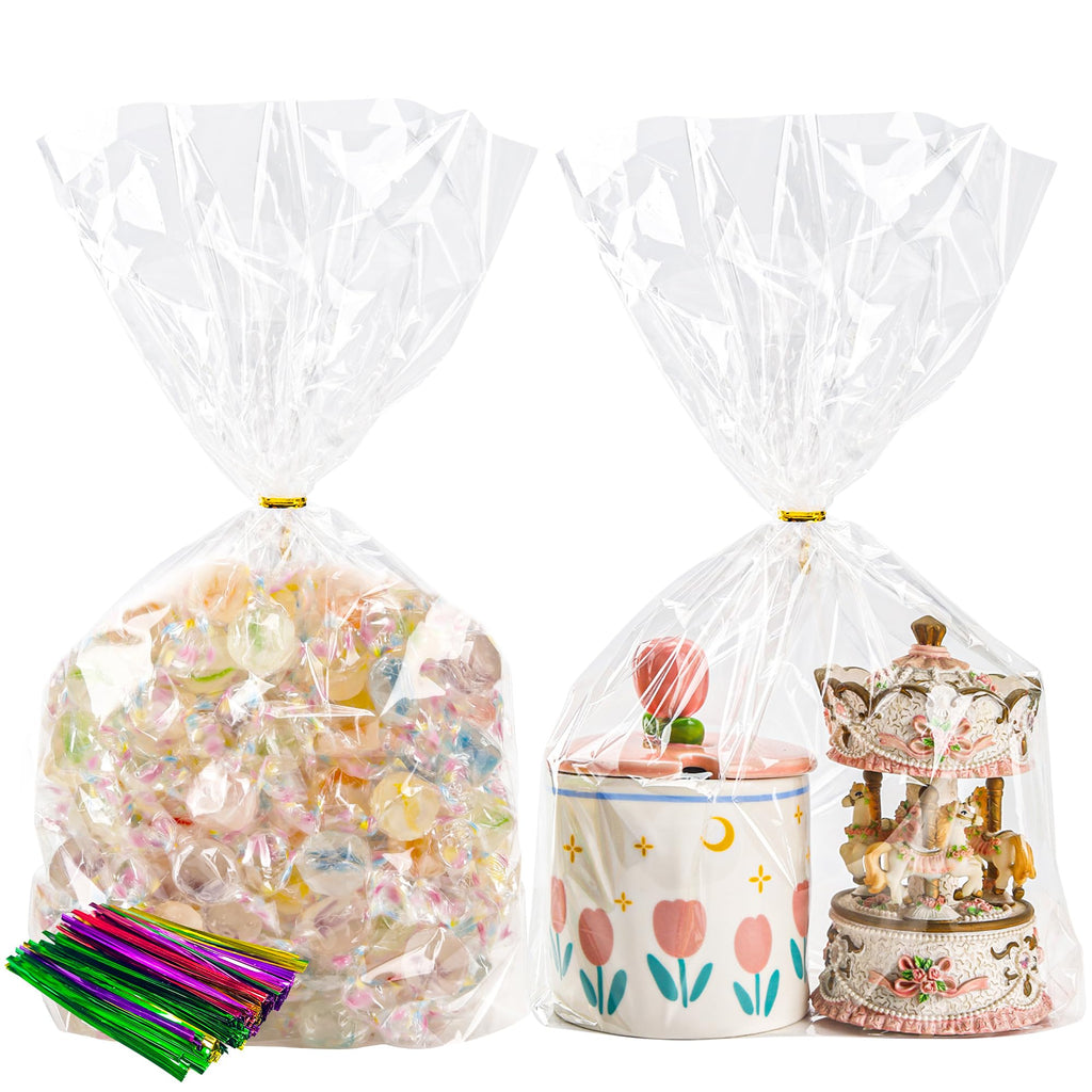 NPLUX 100 Pack Cellophane Bags Clear Flat Bottom Cellophane Treat Bags Gusseted with 100 Pack Twist Ties for Candy Popcorn Cookie Small Gift Wrapping(6×9×2.4 Inches)