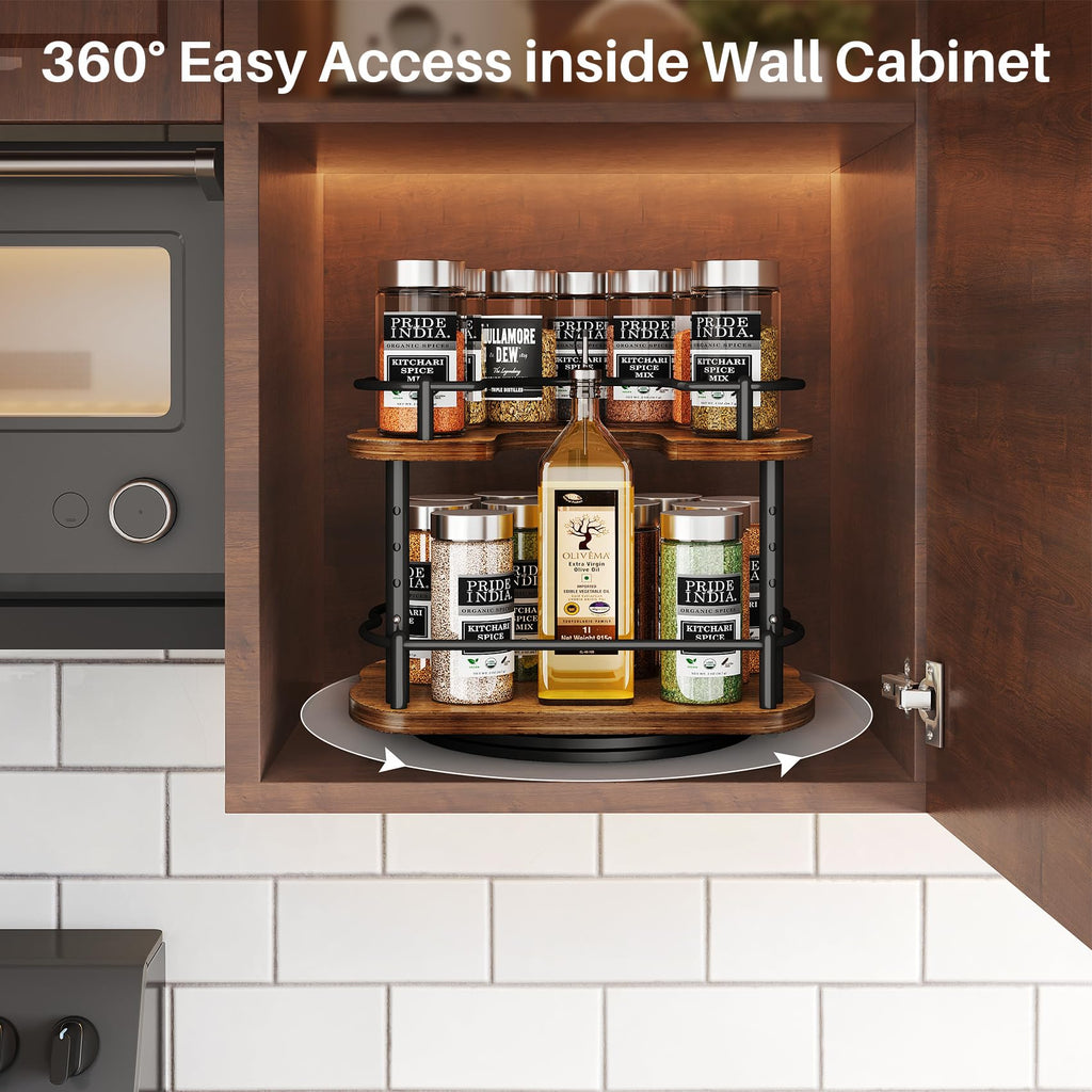 Lazy Susan Organizer Spice Rack - Spice Organization for Cabinet Height Adjustable Rotating Lazy Turntable, Pantry Kitchen Wood Revolving Seasoning Organizer (12 Inch)