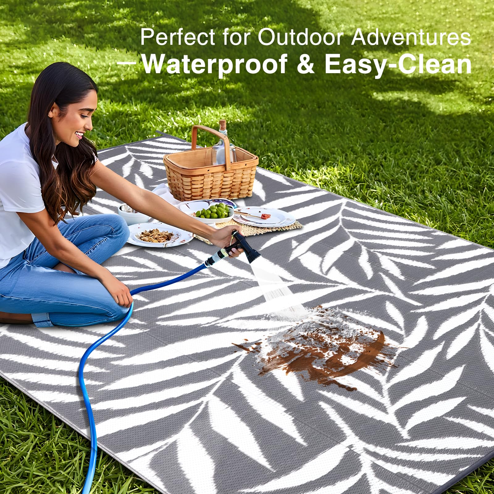 OLANLY Waterproof Outdoor Rug 5x8 ft, Reversible Outdoor Plastic Straw Rug with Leaf Pattern, RV Mat, Indoor Outdoor Carpet for Patio, Camping, Balcony, Deck, Backyard, Grey & White