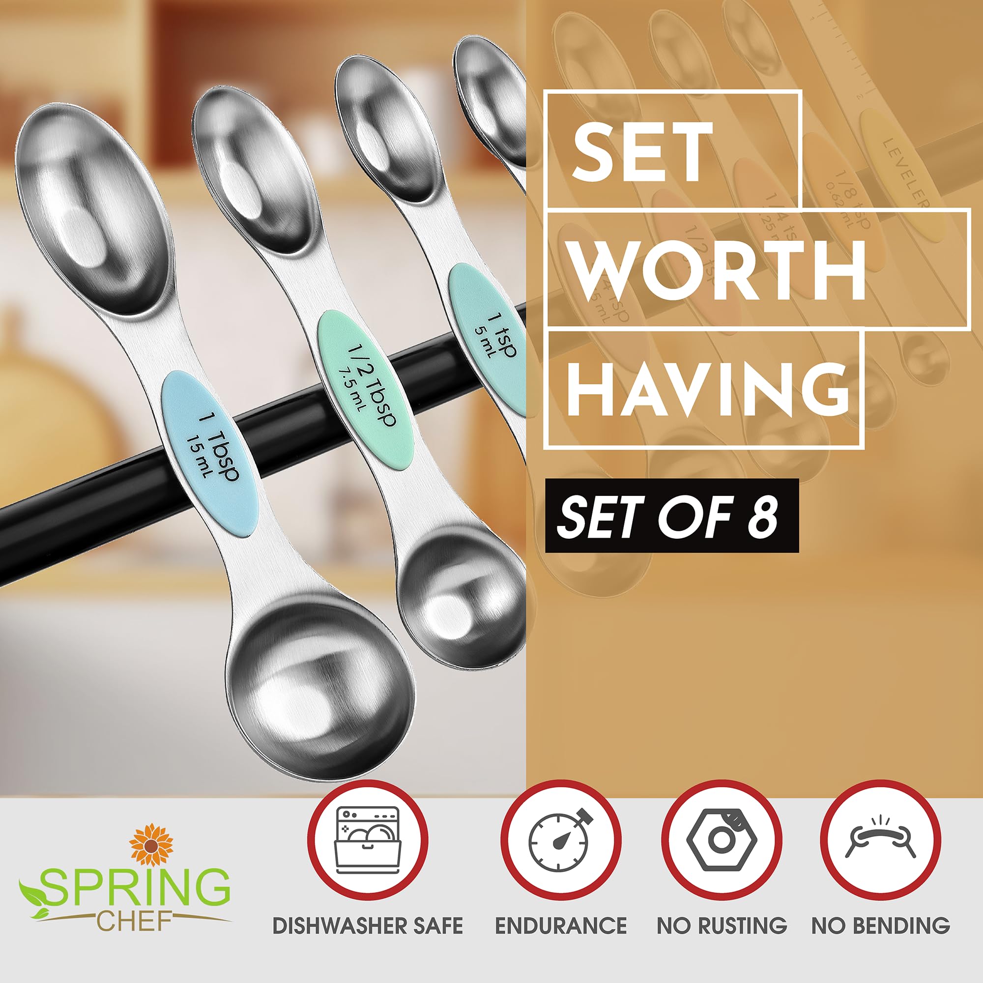Spring Chef Stainless Steel Magnetic Measuring Spoons Set with Strong N45 Magnets, Heavy Duty Metal Kitchen Gadgets for Baking & Cooking, Fits in Most Kitchen Spice Jars, Set of 8 with Leveler, Black