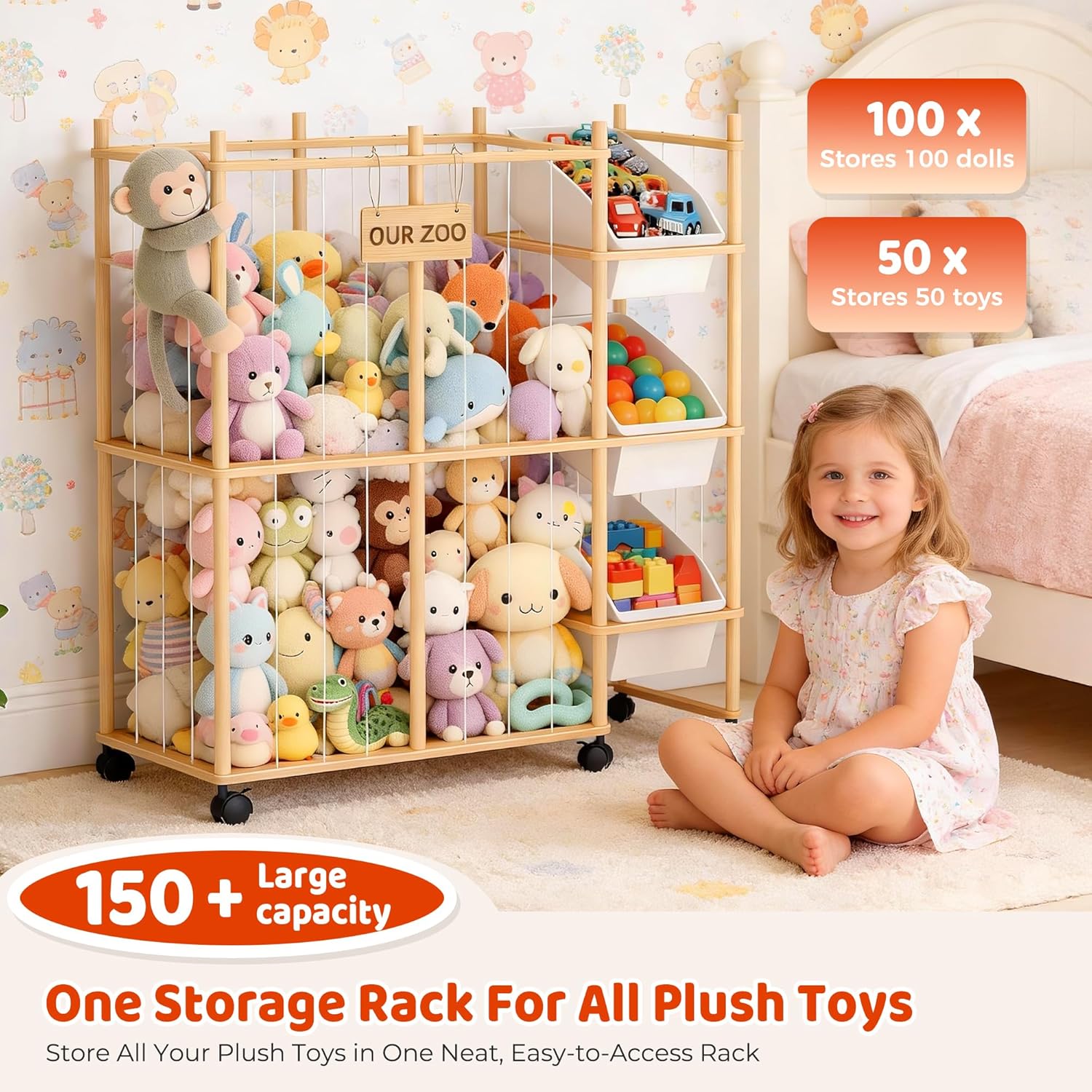 Stuffed Animal Storage with 3 Removable Bins, Wood Animals Zoo Stuffed Animal Holder with Sticker, Large Capacity Toy Storage Organizer for Toddler Rooms, Playrooms & Bedrooms Organization