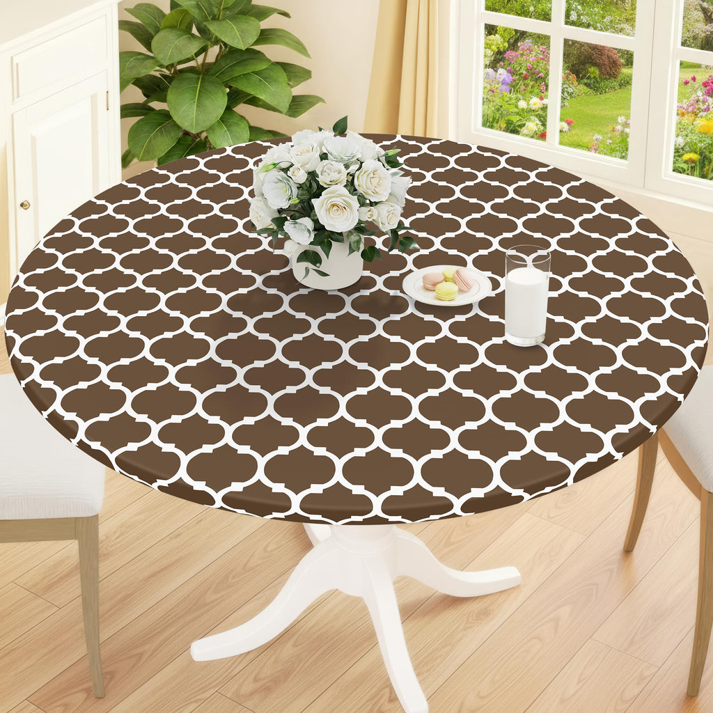 Smiry Round Picnic Tablecloth, Waterproof Elastic Fitted Table Covers for 45" - 56" Tables, Wipeable Flannel Backed Vinyl Tablecloths for Camping, Indoor, Outdoor, Grey & White