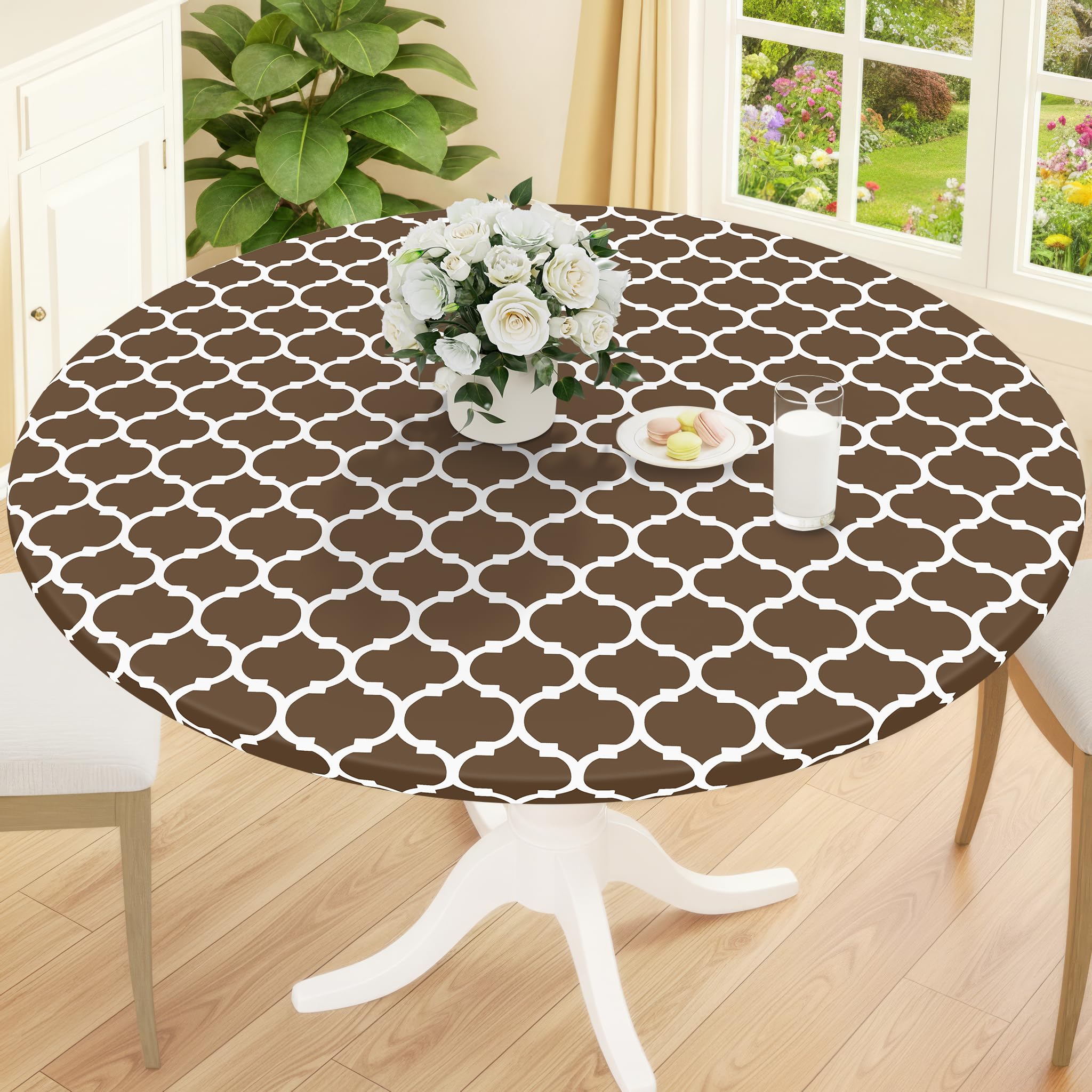 Smiry Round Picnic Tablecloth, Waterproof Elastic Fitted Table Covers for 45" - 56" Tables, Wipeable Flannel Backed Vinyl Tablecloths for Camping, Indoor, Outdoor, Grey & White