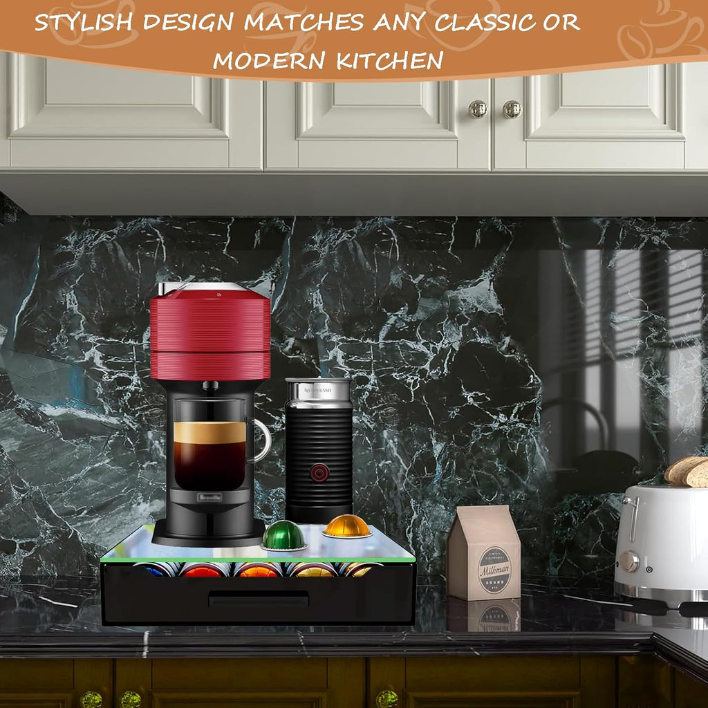 Heavy Duty Crystal Acrylic Sleek Coffee Pods Holder with Beautiful Solid Pod Drawer, Compatible for All Nespresso VertuoLine Pods, Great Capacity Holds up to 60 Small or 40 Big Vertuoline Pods