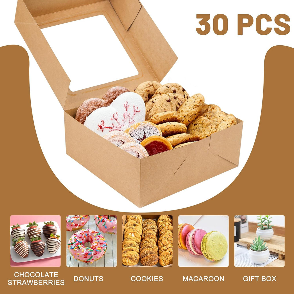 8x8x3 inch Kraft Cookie Boxes Candy Boxes with Window for Chocolate Covered Strawberry Macaron Donut Breakable Heart Baked Goods, Gift Treat Boxes Charcuterie Box(30 Pack,Brown)