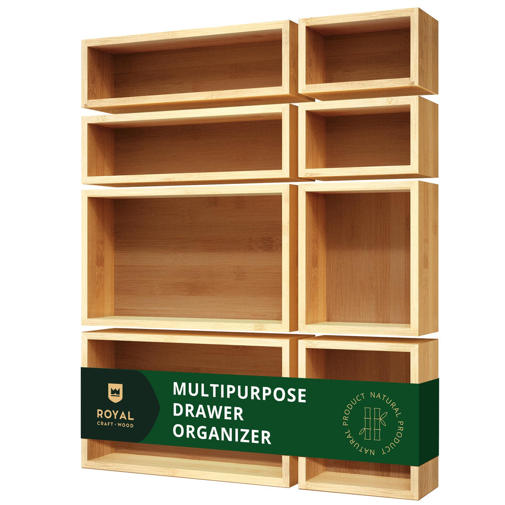 ROYAL CRAFT WOOD 5-Piece Bamboo Drawer Organizer Set – Multi-Use Storage Trays for Kitchen, Bathroom, Office, Makeup, Jewelry & More – Junk Drawer Tray, Utensil Holder, Storage Box & Bin Set (5 Boxes)