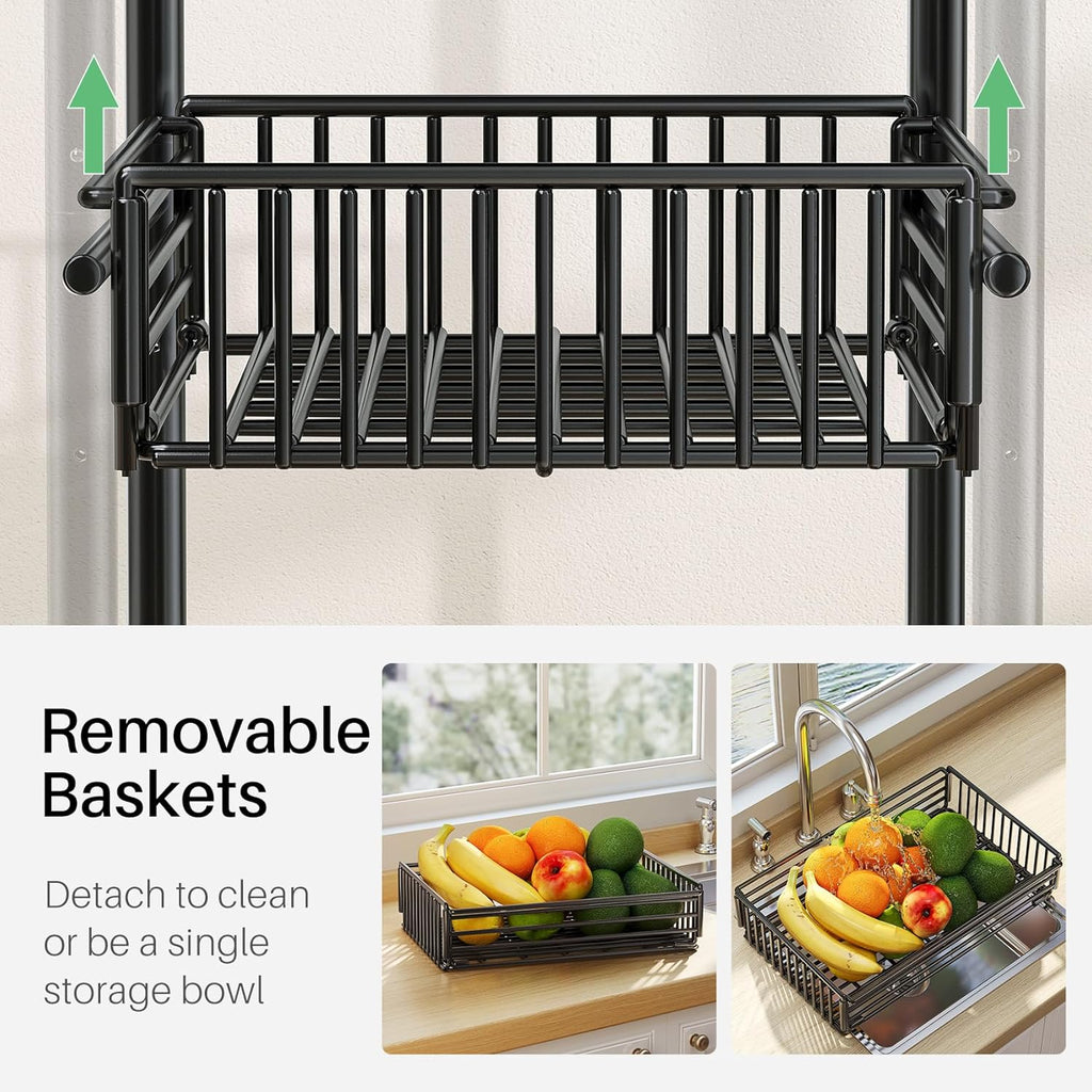 SAYZH Kitchen Microwave Stand Shelf - 4 Tiers Metal Bakers Rack with Casters, Coffee Bar Station with Storage, Black