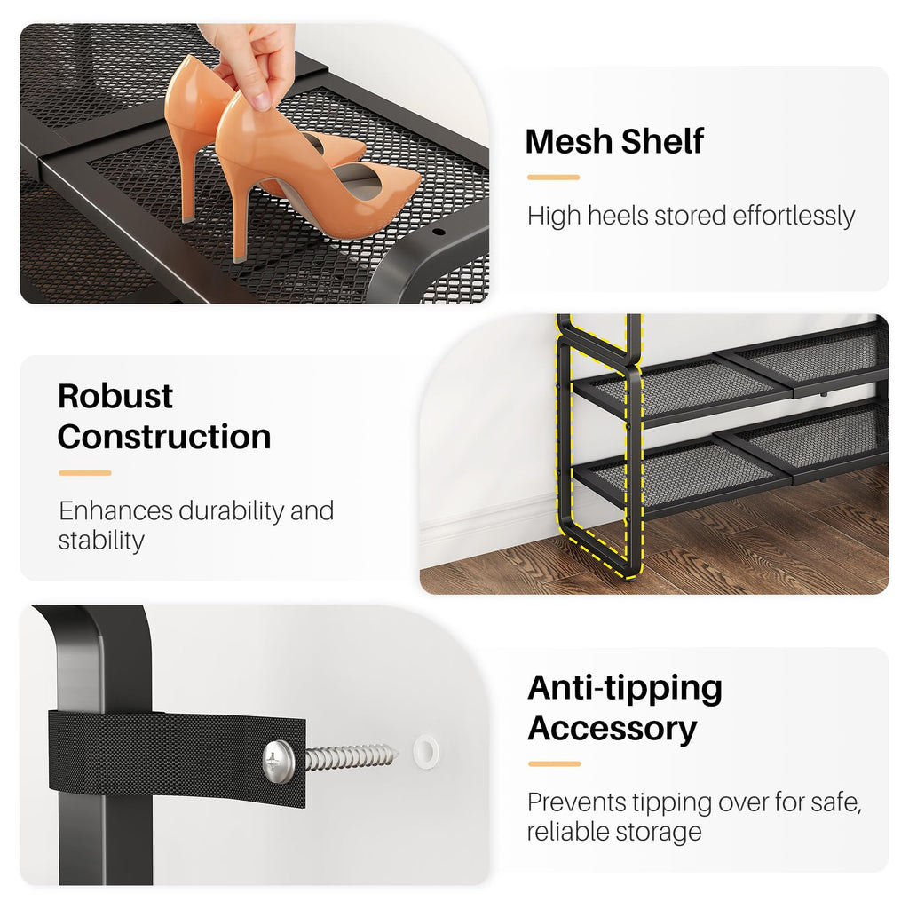 SNTD Shoe Rack - Expandable Shoe Organizer for Closet, Adjustable Metal Shoe Shelf Storage, Stackable Long Shoe Stand Holder for Garage, Entryway, Door Entrance (Black, 2-Tier)