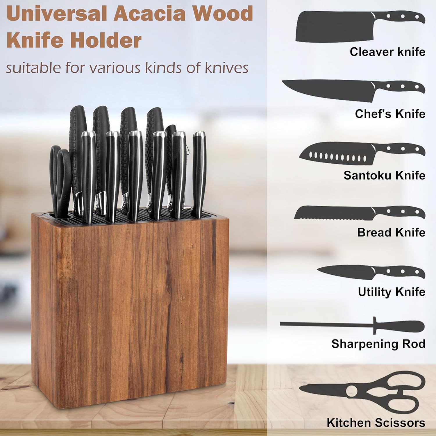 RedCall Acacia Wood Knife Holder Block,Large Universal Knife Block without knives,Wooden Kitchen Knife Block for Countertop,Knife Holder Organizer with Slots for Scissors and Sharpening Rods Storage